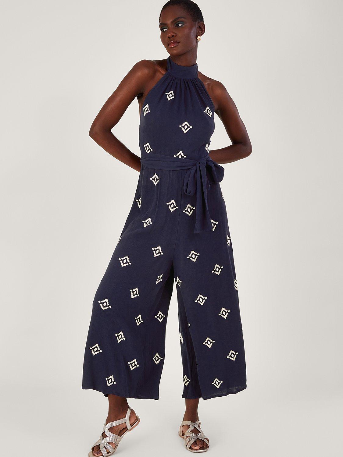 Monsoon Embroidered Motif Halterneck Jumpsuit, Blue, S