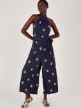 Monsoon Embroidered Motif Halterneck Jumpsuit, Blue