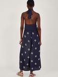 Monsoon Embroidered Motif Halterneck Jumpsuit, Blue