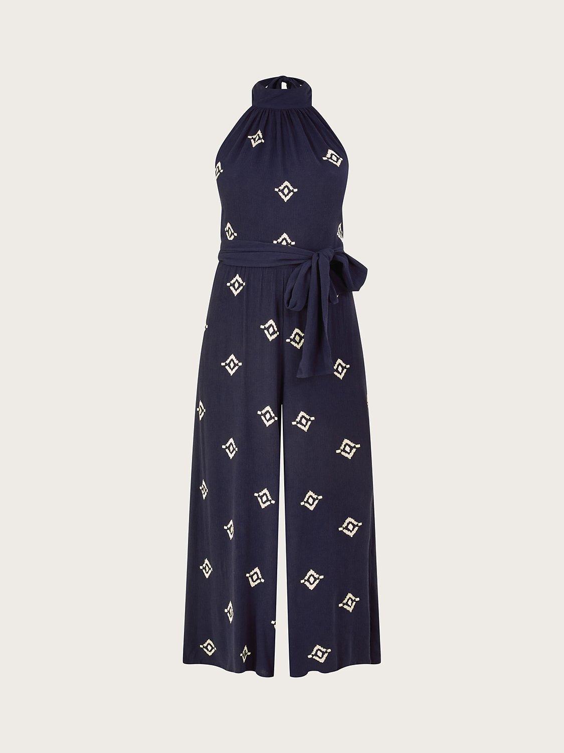 Monsoon Embroidered Motif Halterneck Jumpsuit, Blue, S