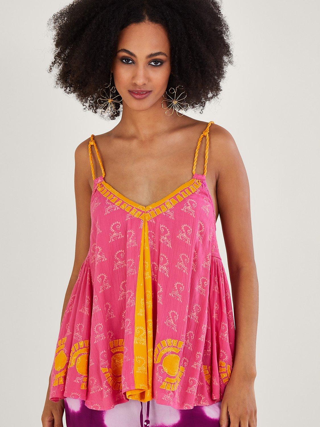 Monsoon Braided Strap Embroidered V-Neck Cami Top, Pink