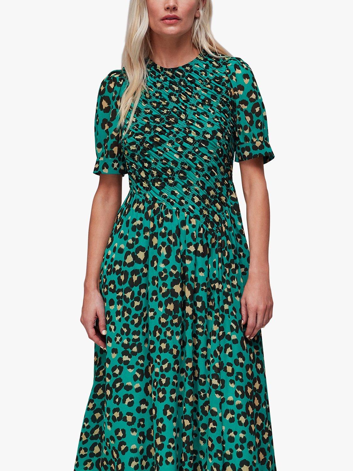 Whistles Petite Painted Leopard Midi Shirred Dress, Green/Multi