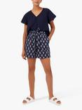 Great Plains Cotton Block Print Belted Shorts, Indigo/Multi