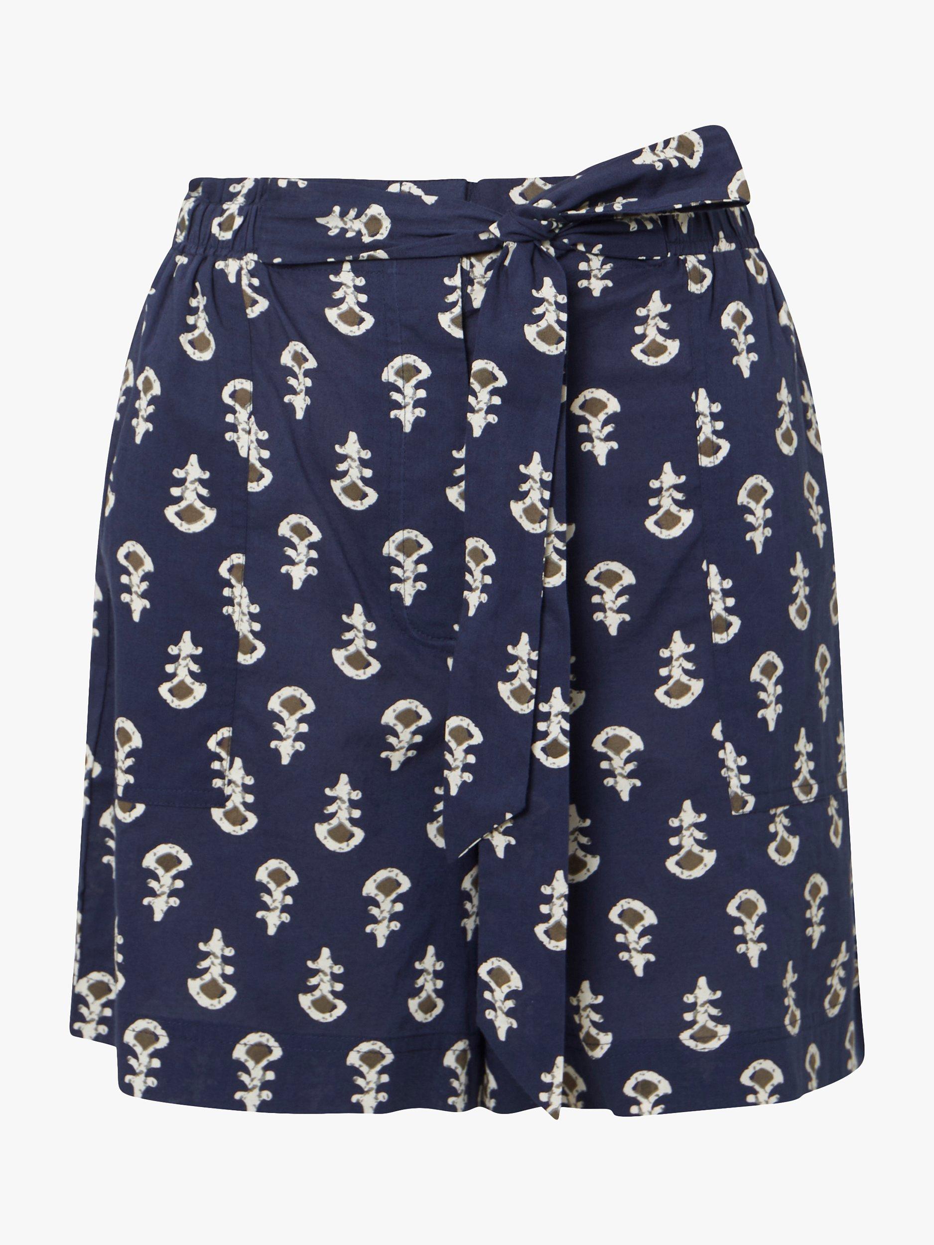 Great Plains Cotton Block Print Belted Shorts, Indigo/Multi, 8