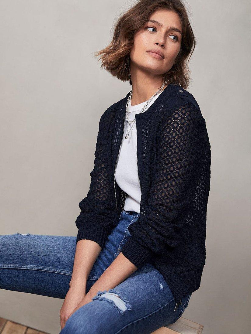 Mint Velvet Lace Bomber Cardigan, Dark Blue, XL