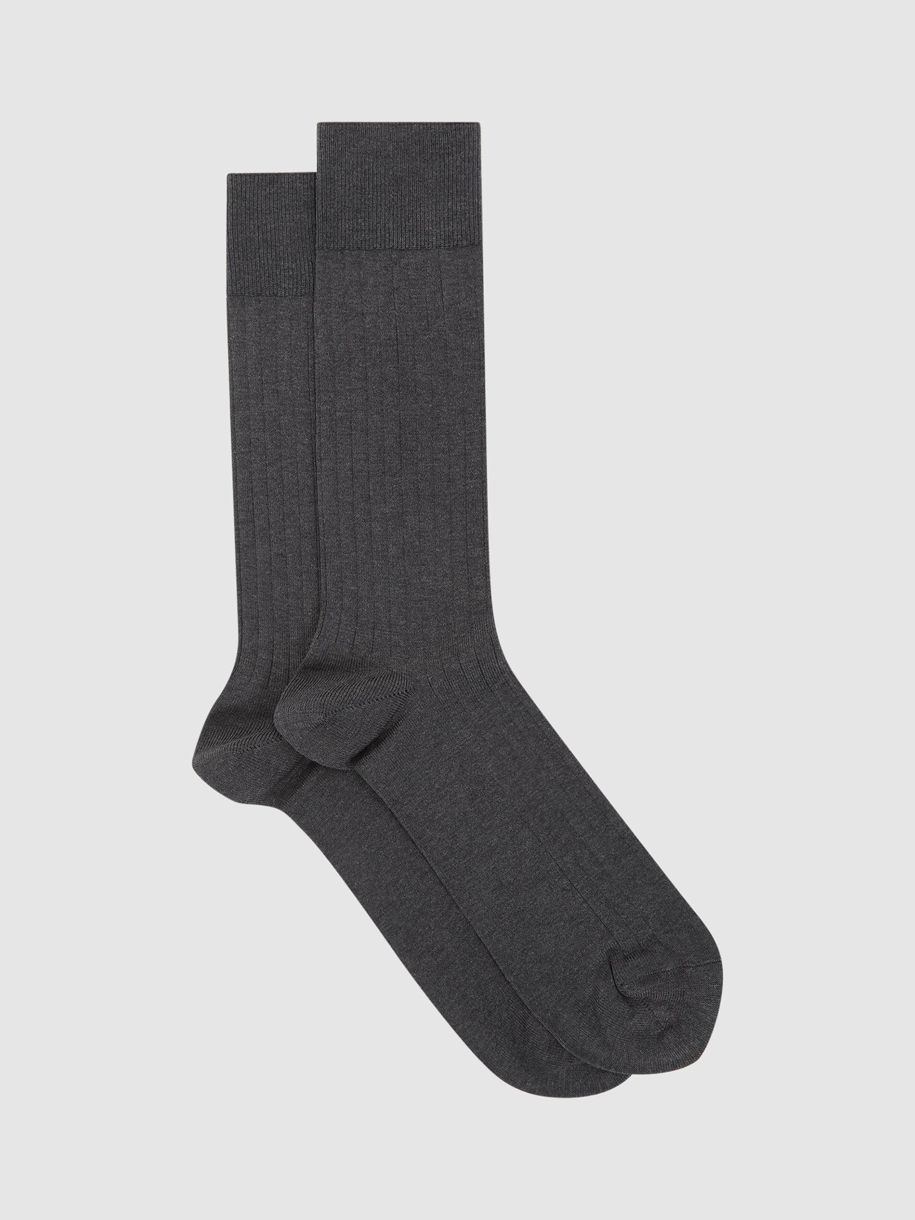 Product image 1 of 3, which shows Reiss Fela Cotton Blend Ribbed Socks, Charcoal, 6-8