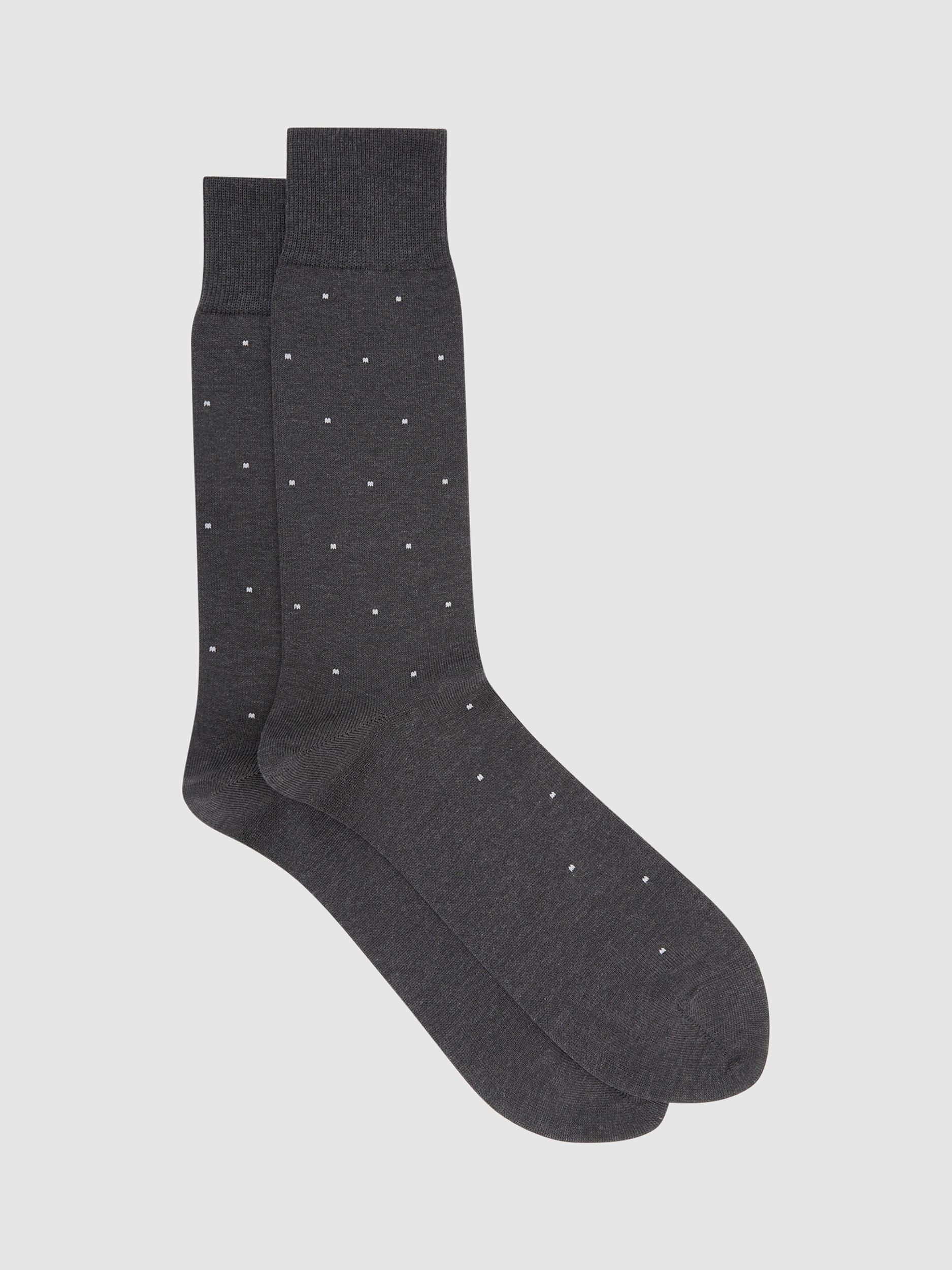 Product image 1 of 3, which shows Reiss Mario Polka Dot Print Cotton Blend Socks, Charcoal, 6-8