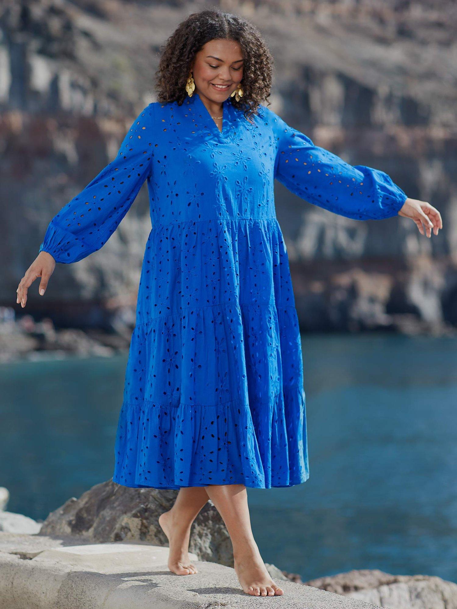 Live Unlimited Curve Cotton Broiderie Midi Dress, Blue