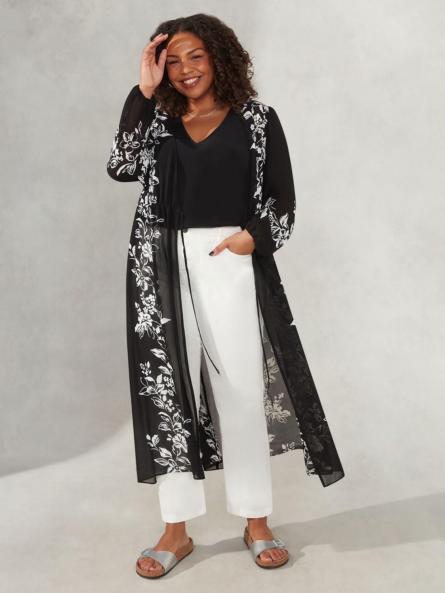 Live Unlimited Curve Floral Placement Print Longline Kimono Jacket, Black