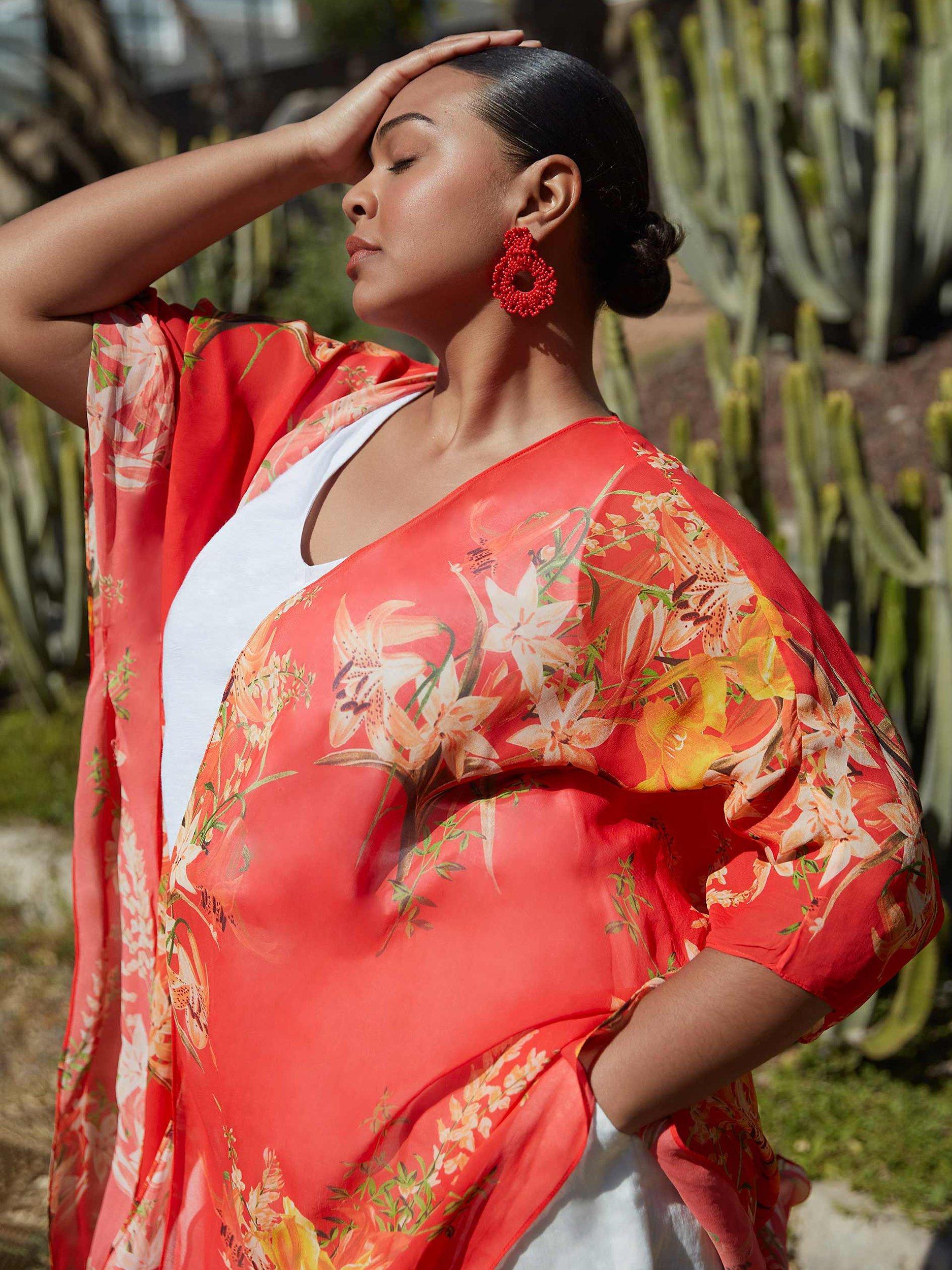 Live Unlimited Curve Tropical Floral Print Kimono Jacket, Orange
