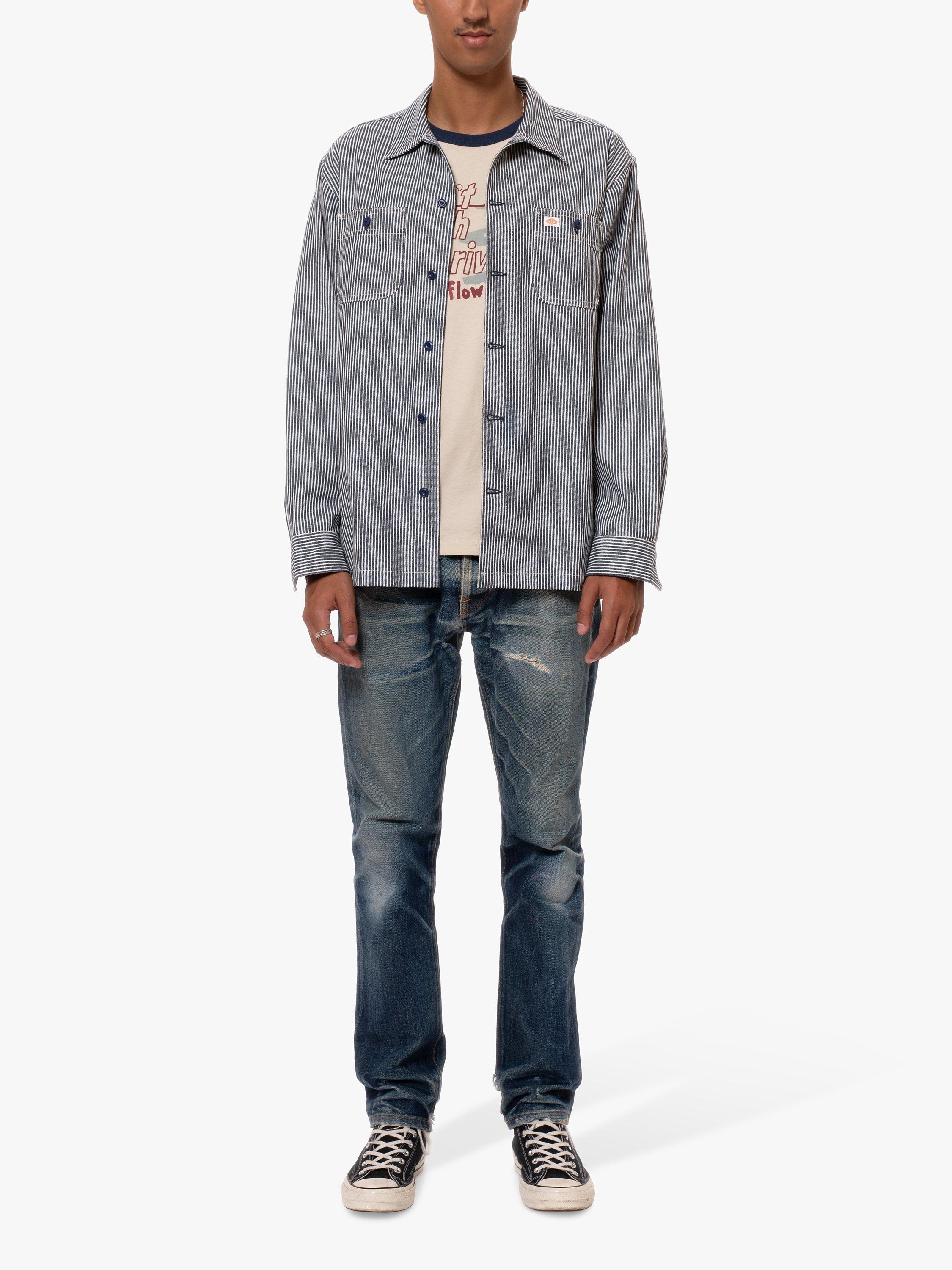 Nudie Jeans Vincent Hickory Stripe Cotton Shirt, Denim