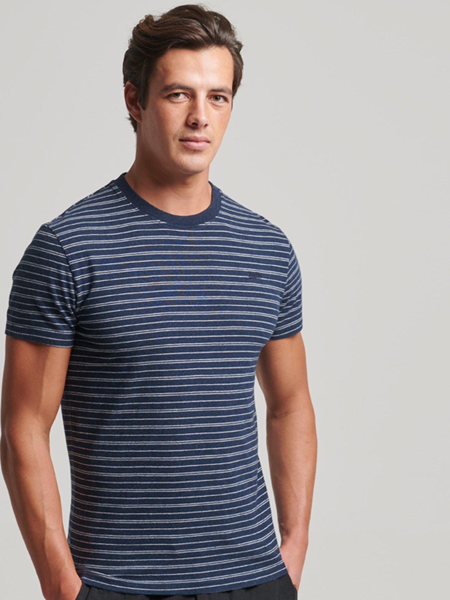 Product image 1 of 4, which shows Superdry Organic Cotton Vintage Textured Stripe T-Shirt, Trench Navy Marl, S