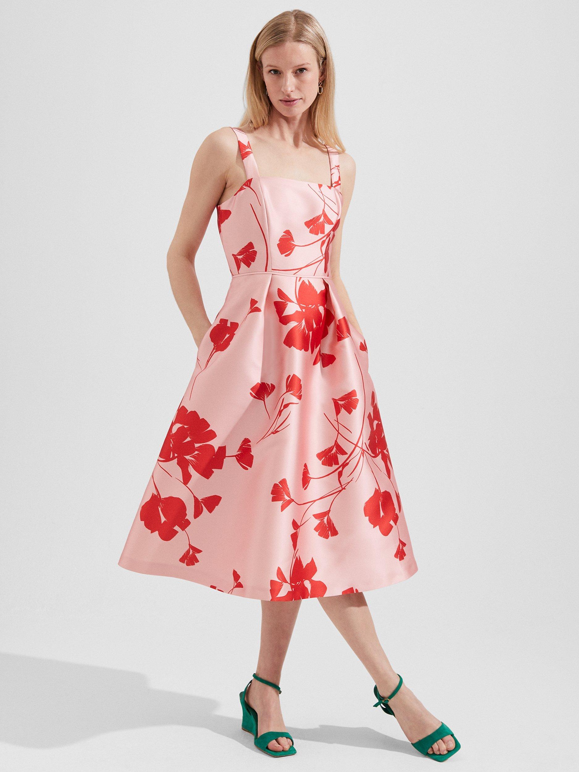 Hobbs Amoura Flared Midi Floral Dress, Pink/Ruby Red, 10