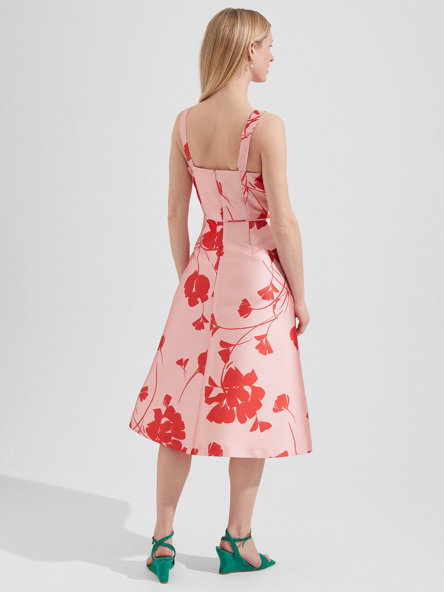 Product image 2 of 6, which shows Hobbs Amoura Flared Midi Floral Dress, Pink/Ruby Red, 10