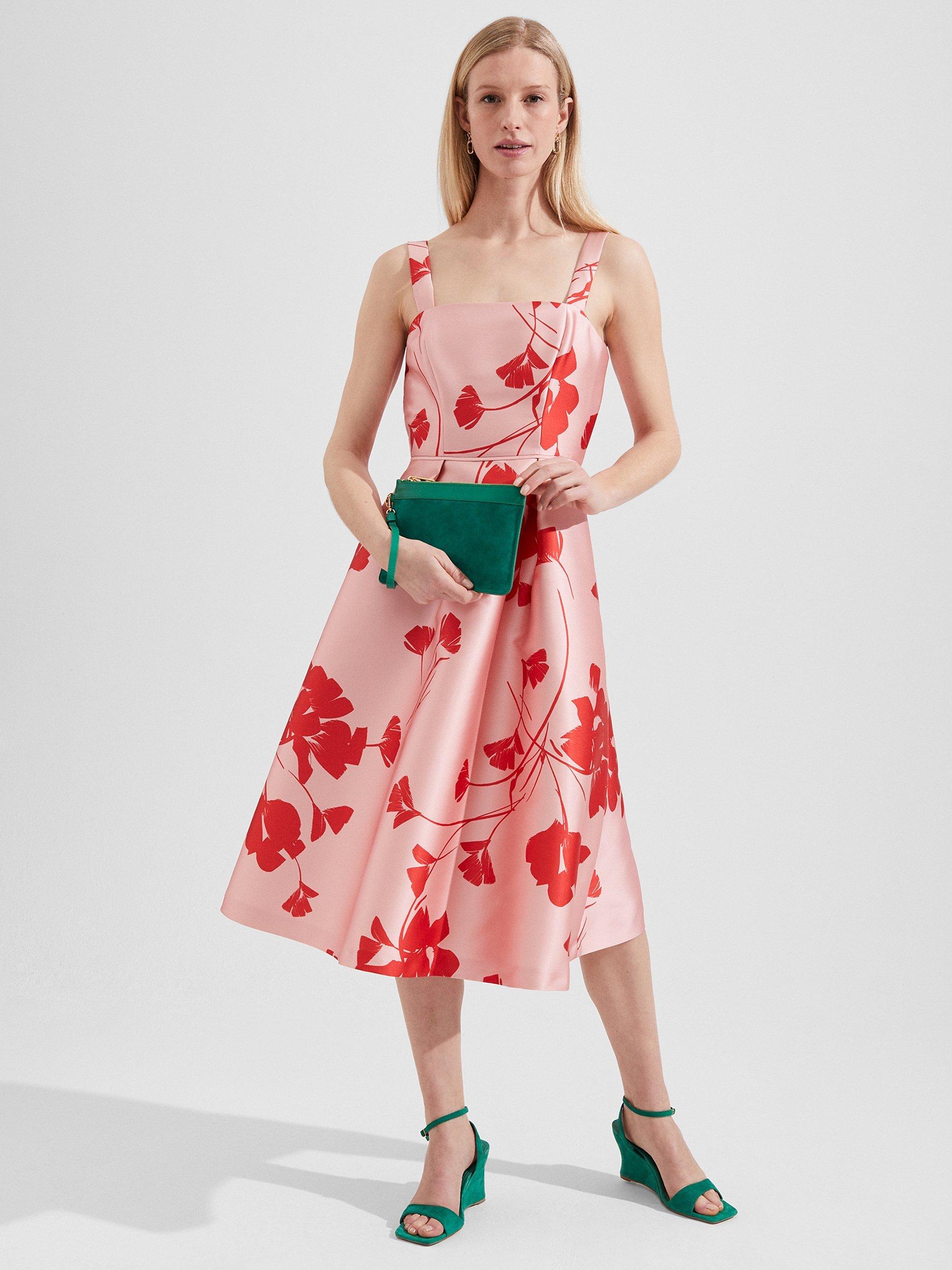 Product image 4 of 6, which shows Hobbs Amoura Flared Midi Floral Dress, Pink/Ruby Red, 10
