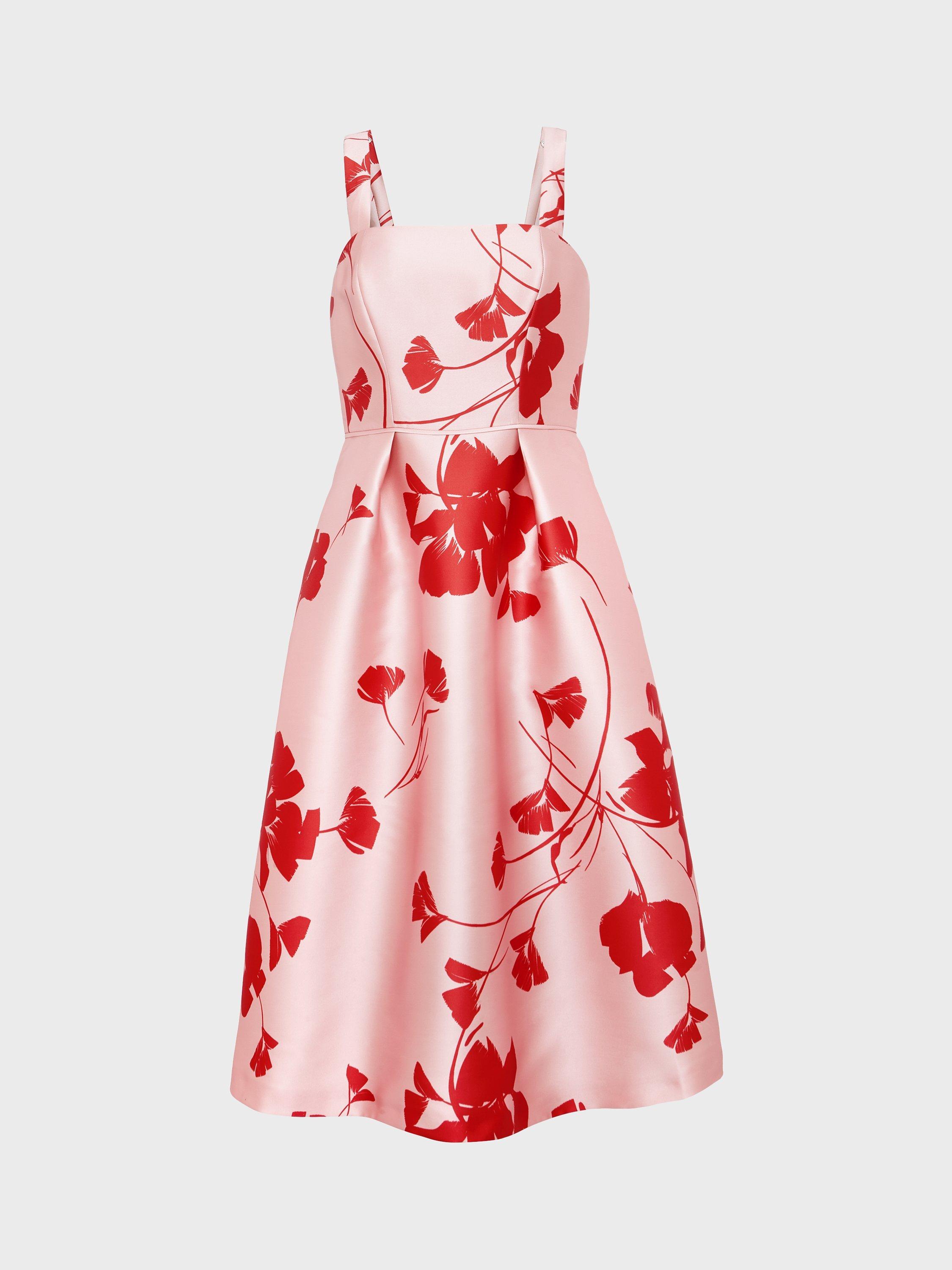 Product image 6 of 6, which shows Hobbs Amoura Flared Midi Floral Dress, Pink/Ruby Red, 10