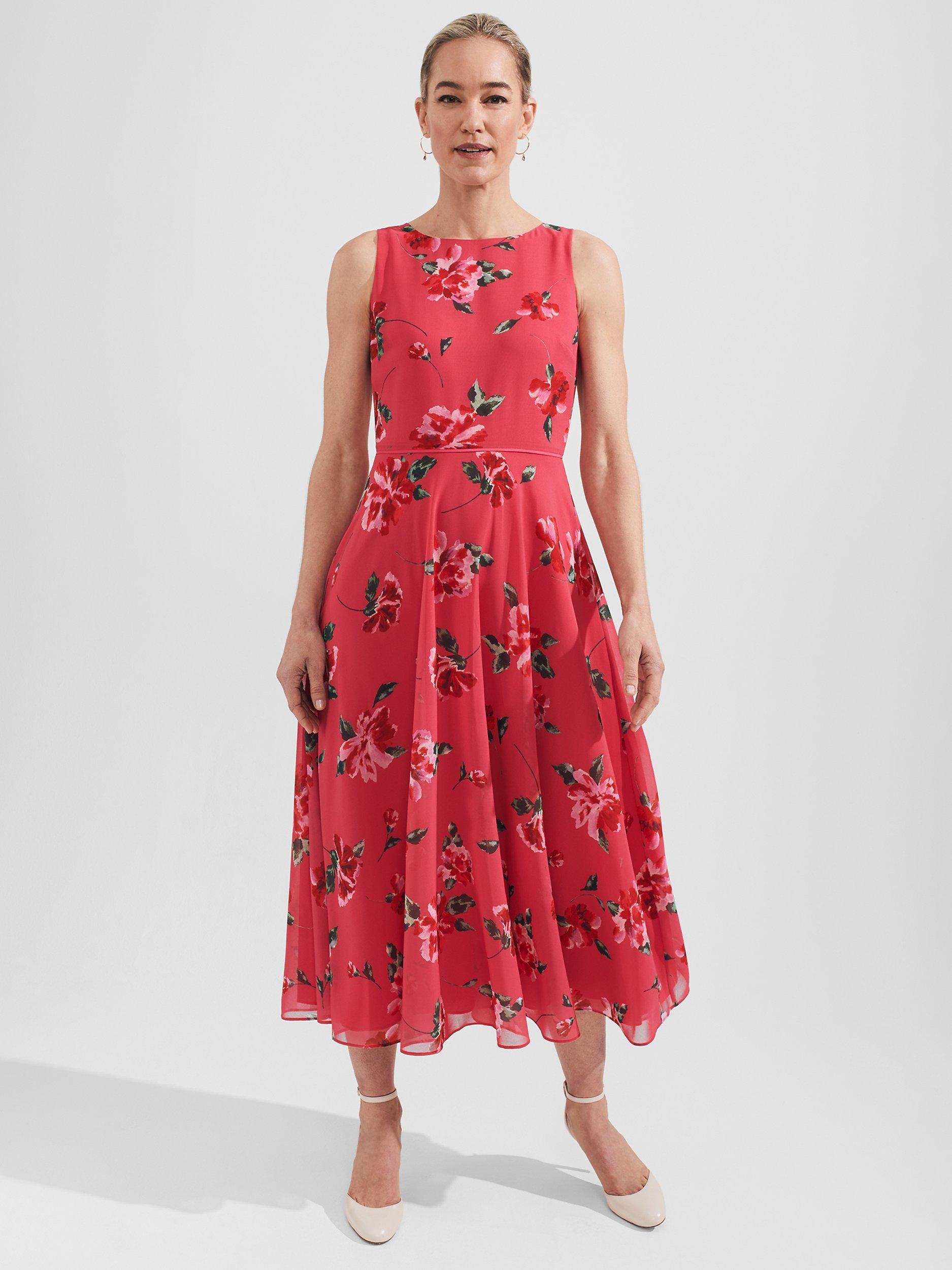 Hobbs Carly Floral Print Midi Dress, Red/Multi
