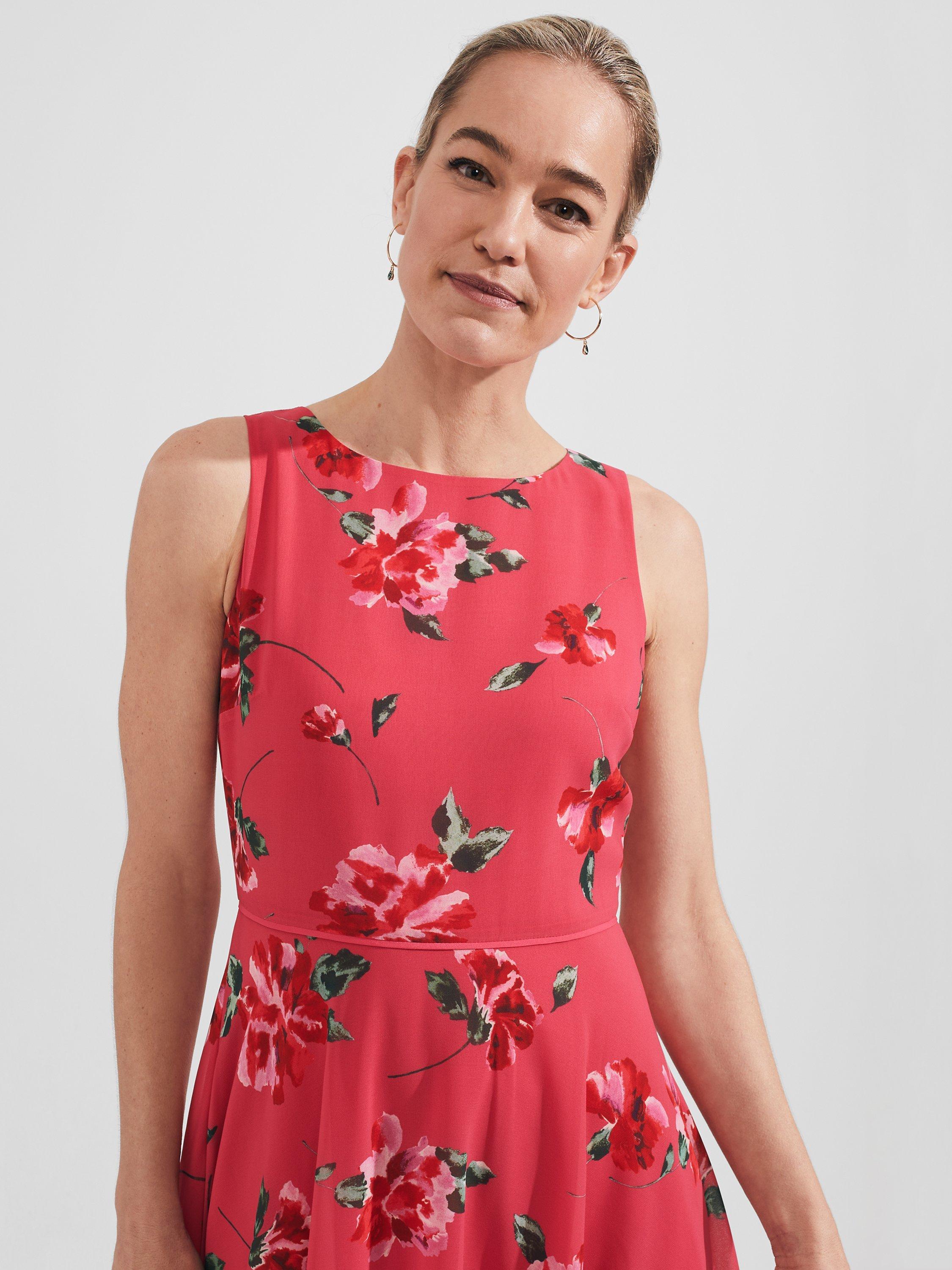 Hobbs Carly Floral Print Midi Dress Red Multi