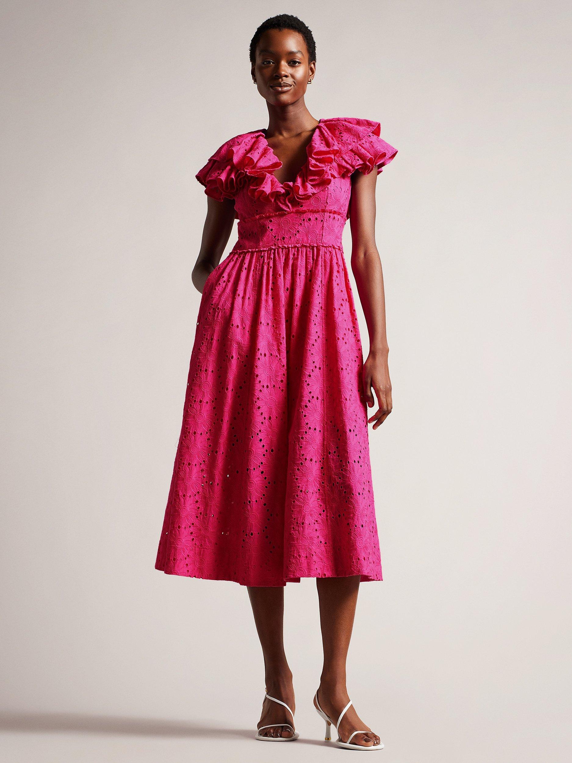 Ted Baker Mirza Ruffle Neck Broderie Midi Dress, Bright Pink