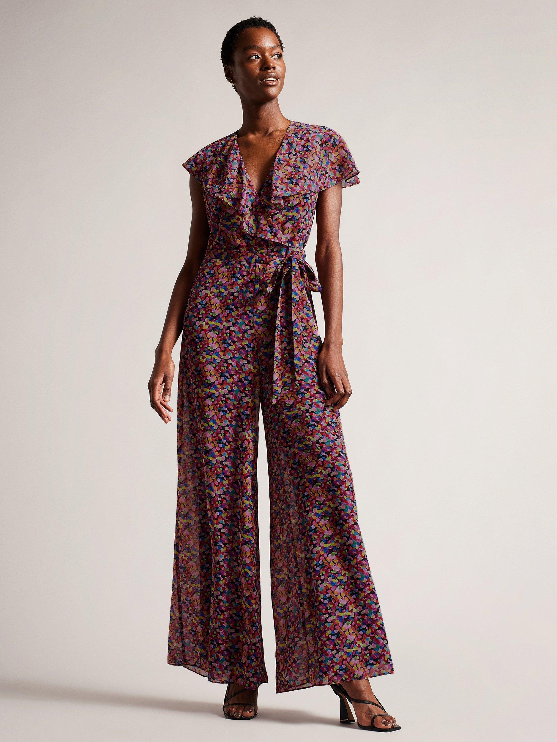 Ted Baker Surya Spot Print Frill Trim Wide Leg Jumpsuit, Black/Multi