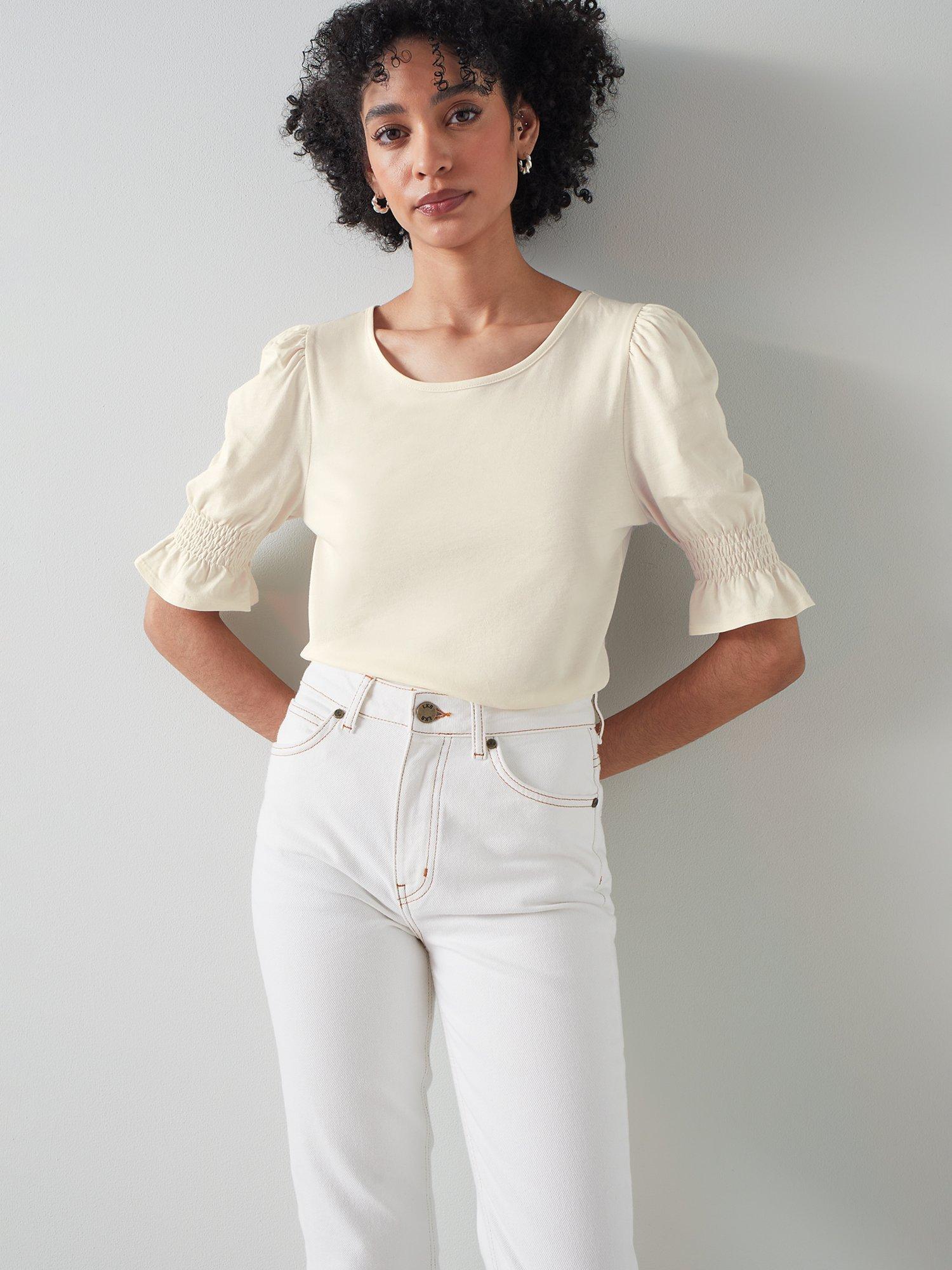 L.K.Bennett Emily Shirred Puff Sleeve Top, Cream, L