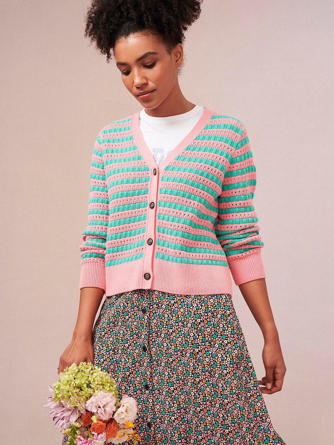 Barbour Acanthus Pointelle Knit Stripe Cardigan, Hibiscus