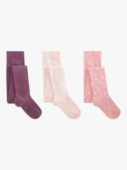 John Lewis Kids' Rib Heart Tights, Pack of 3, Pink/Multi, Pink/Multi