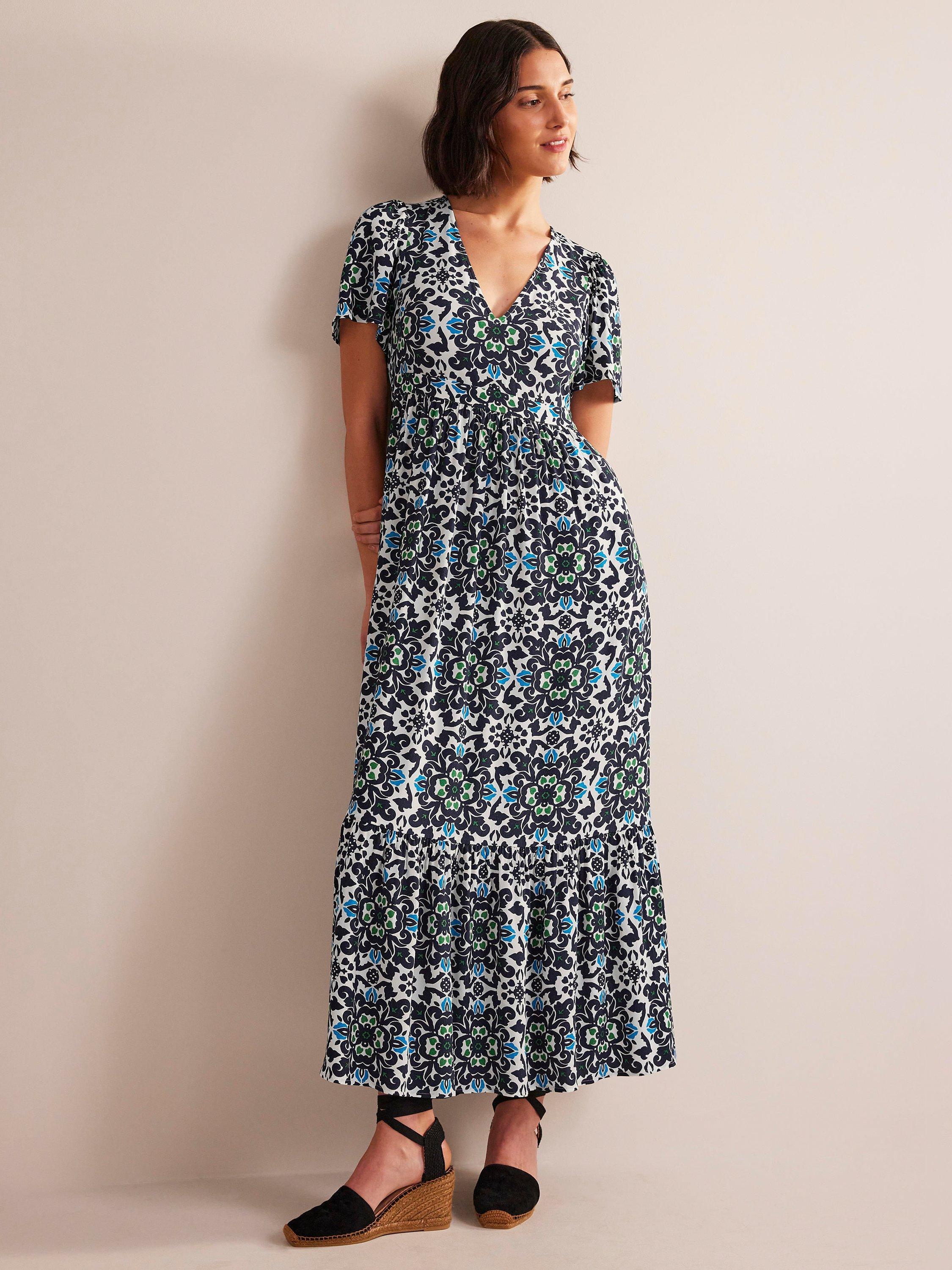 Boden Floral Print V-Neck Empire Midi Dress, Navy