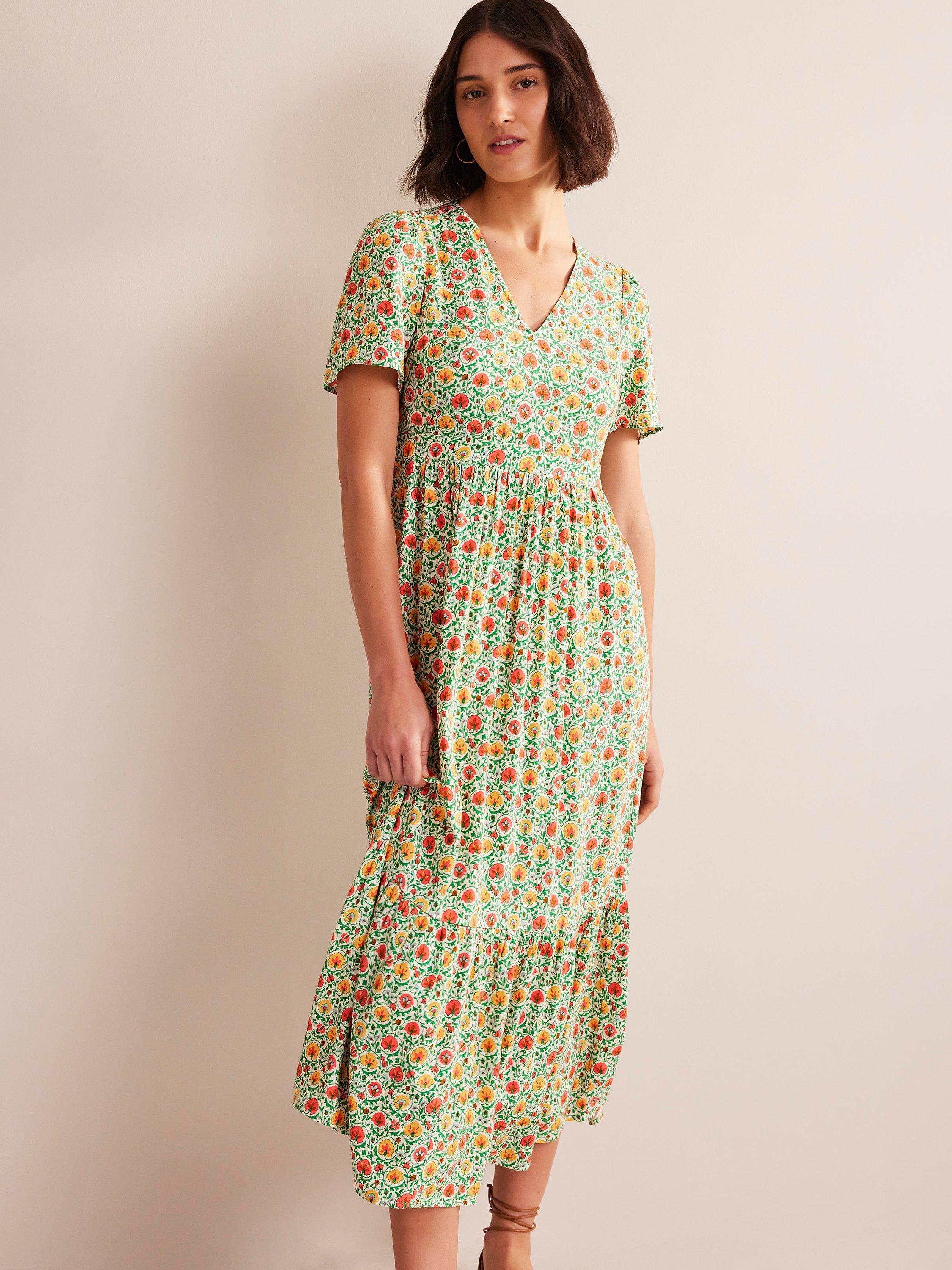 Boden Floral Print V-Neck Empire Midi Dress, Green