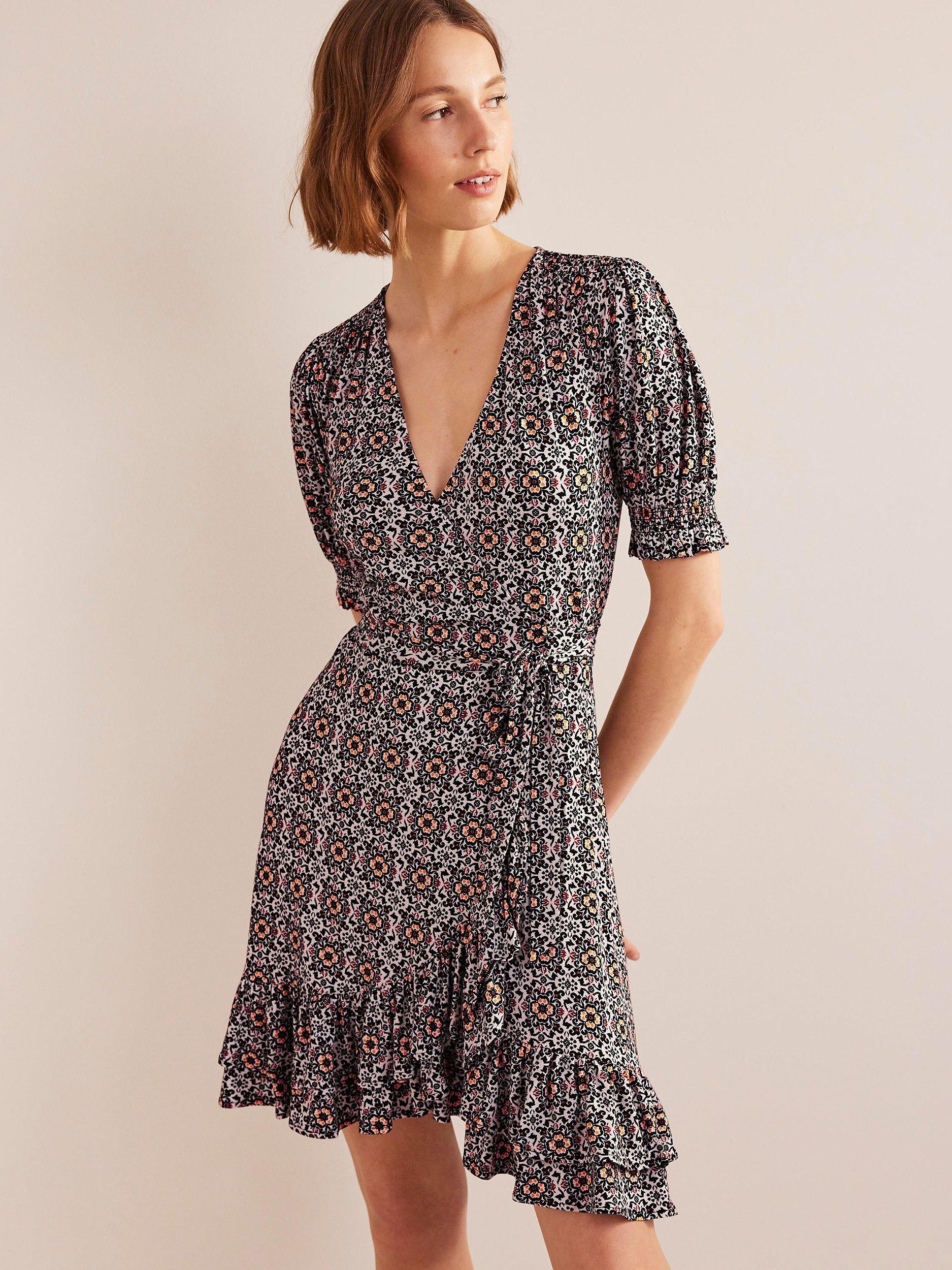 Boden Ruffle Wrap Jersey Mini Dress, Black/Multi