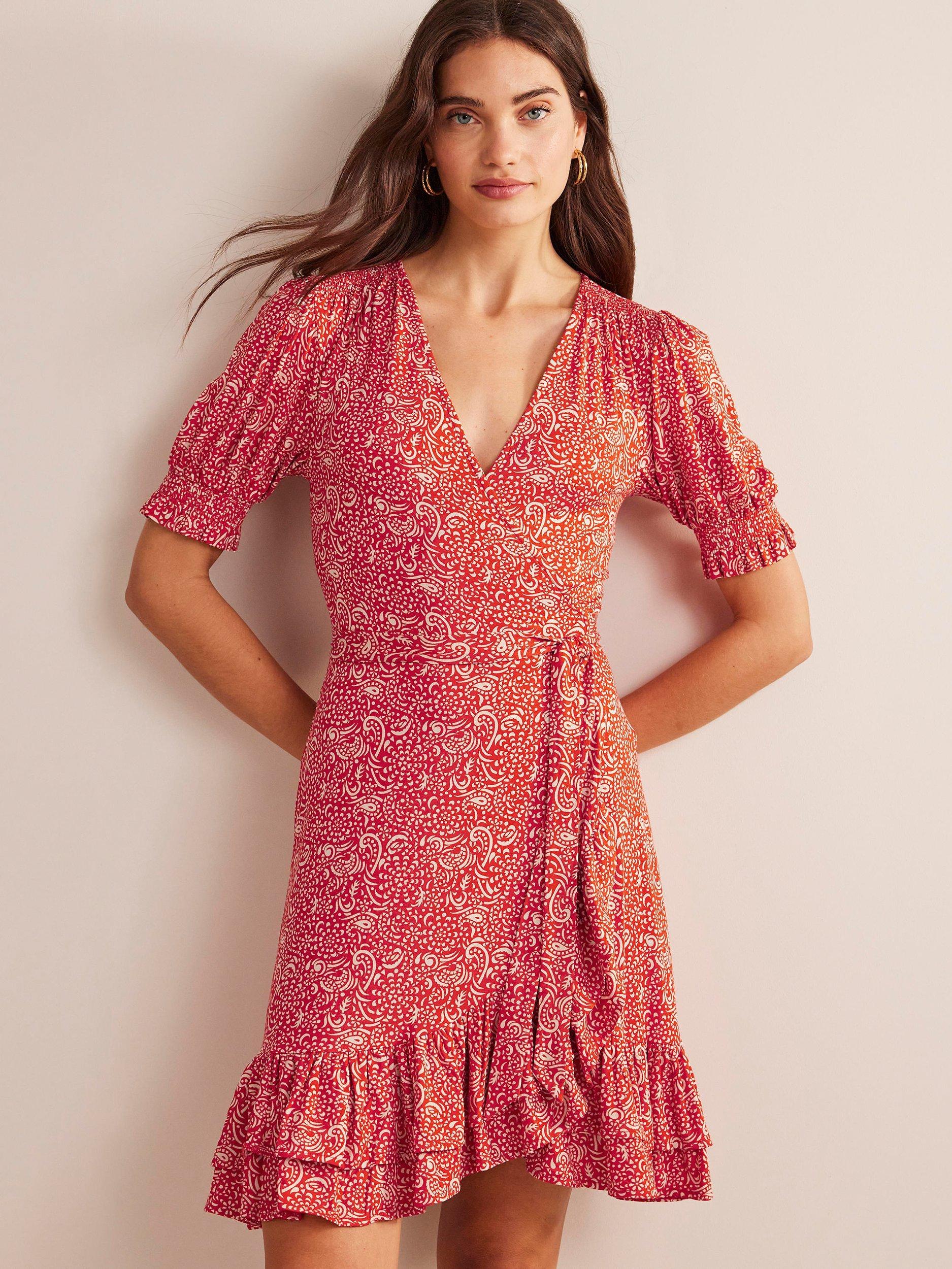 Boden Ruffle Wrap Jersey Mini Dress, Red/Multi