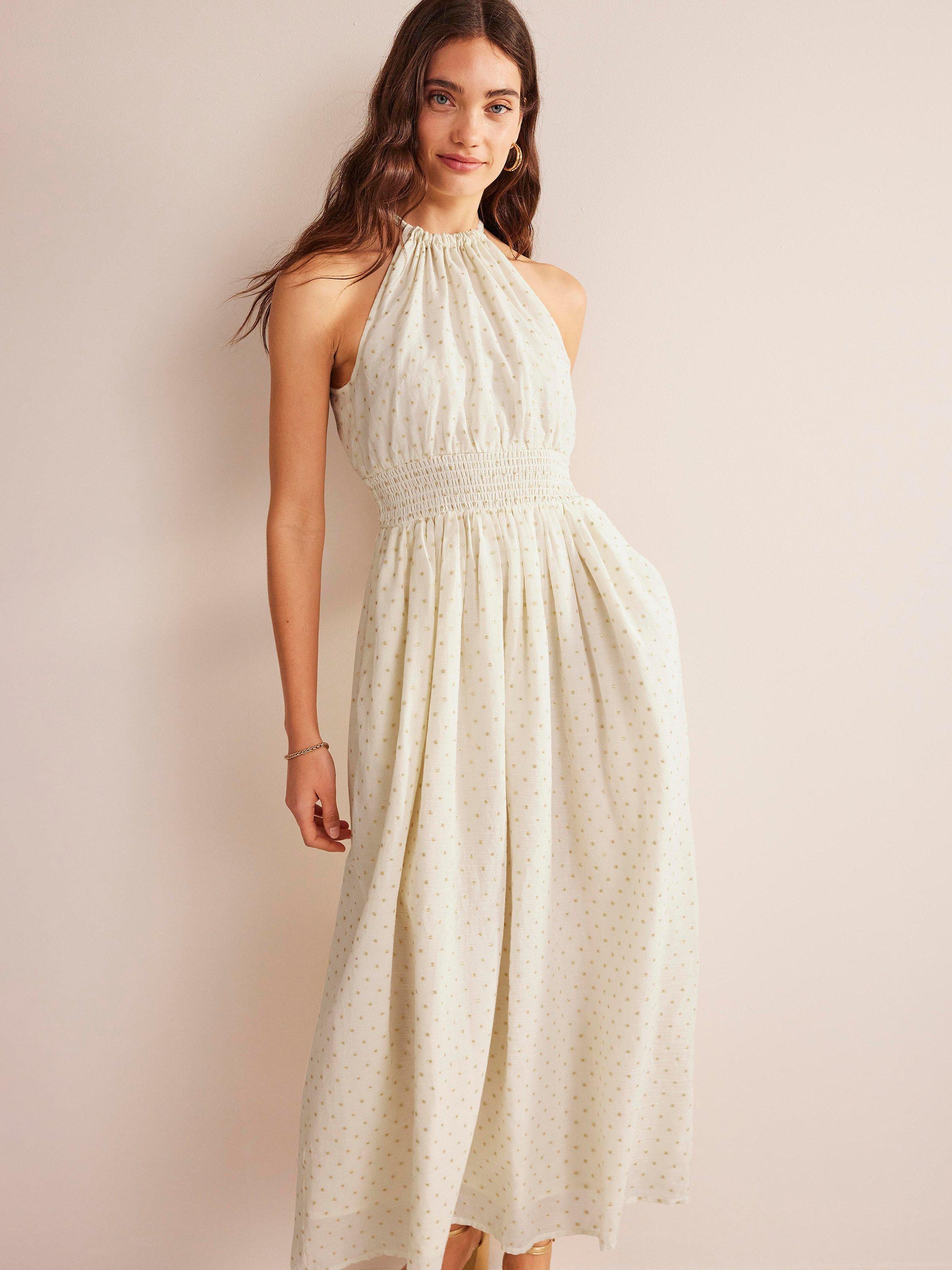 Boden Metallic Spot Halterneck Dress, Ivory