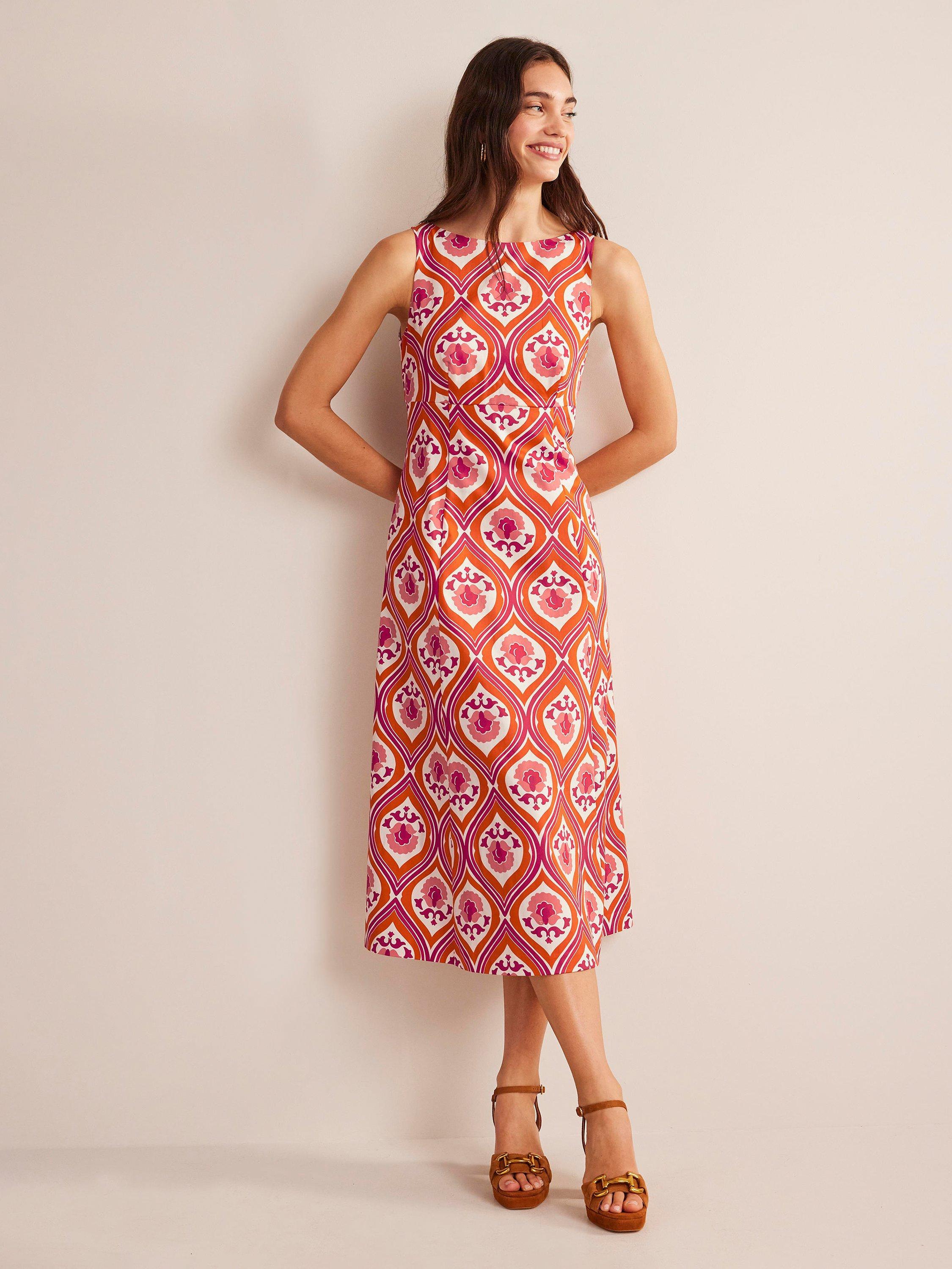 Boden Geometric Cascade Midi Dress, Kumquat