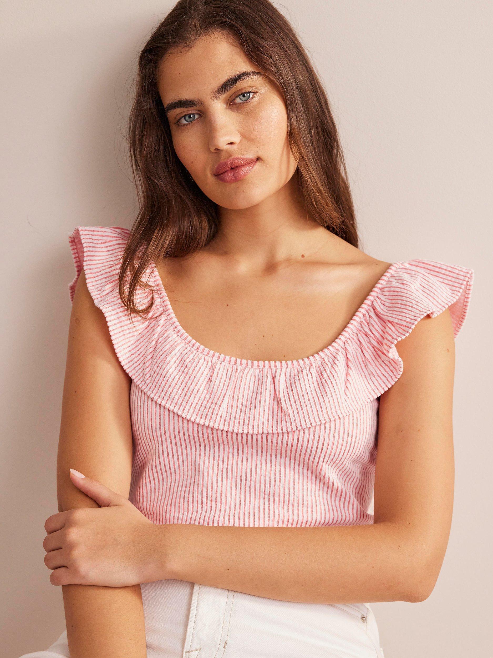 Boden Seersucker Frill Stripe Top, Vermillion/White