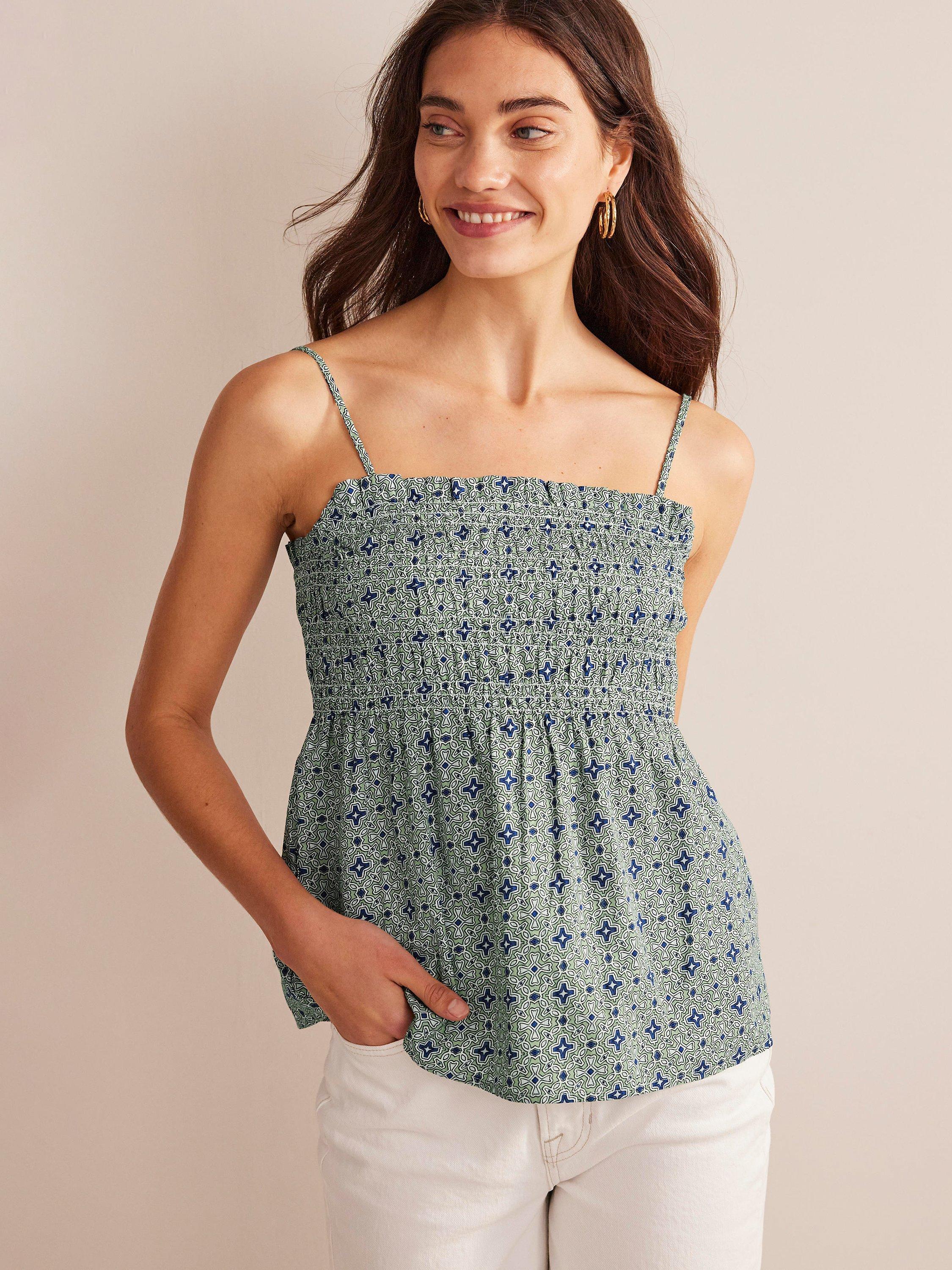 Boden Smocking Detail Cami Top, Reseda, Floral Tile