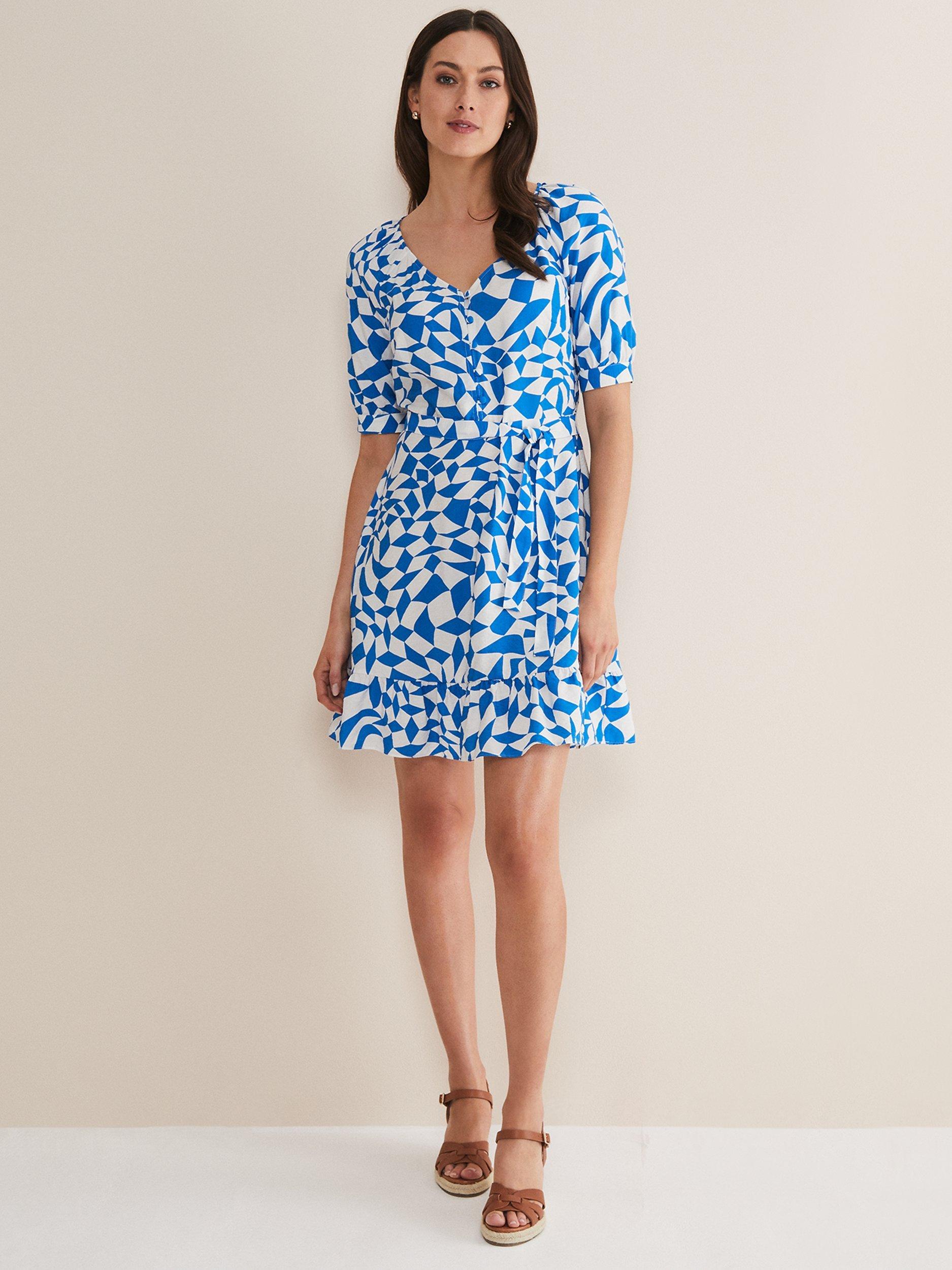 Phase Eight Penele Geometric Print Mini Swing Dress, Blue/White