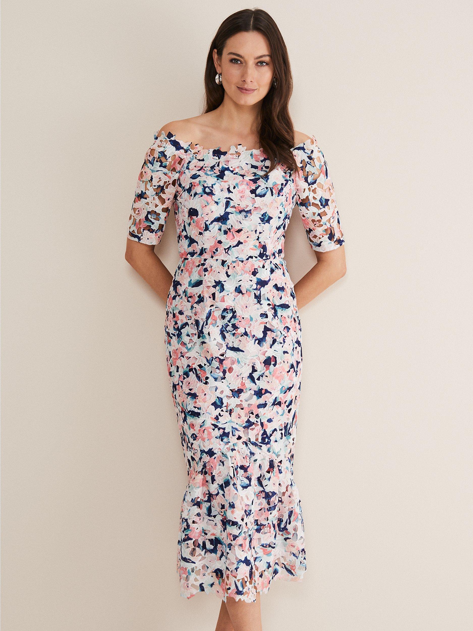 Product image 3 of 7, which shows Phase Eight Francesa Off Shoulder Floral Print Dress, Multi, 8