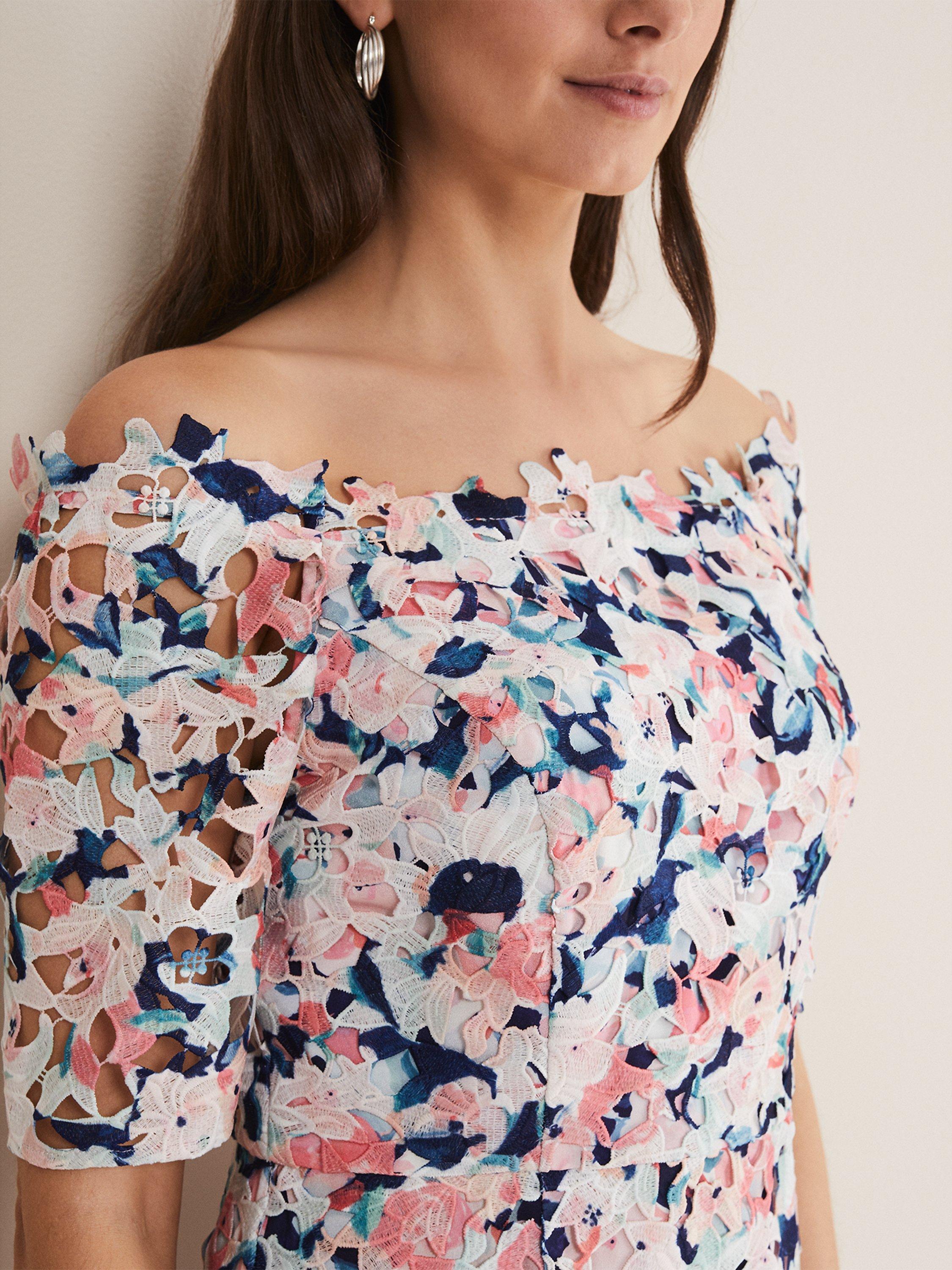 Product image 4 of 7, which shows Phase Eight Francesa Off Shoulder Floral Print Dress, Multi, 8