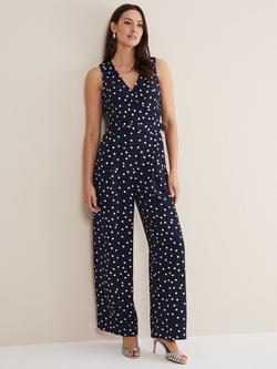Phase Eight Kenzie Spot Jumpsuit, Navy/Ivory, Navy/Ivory