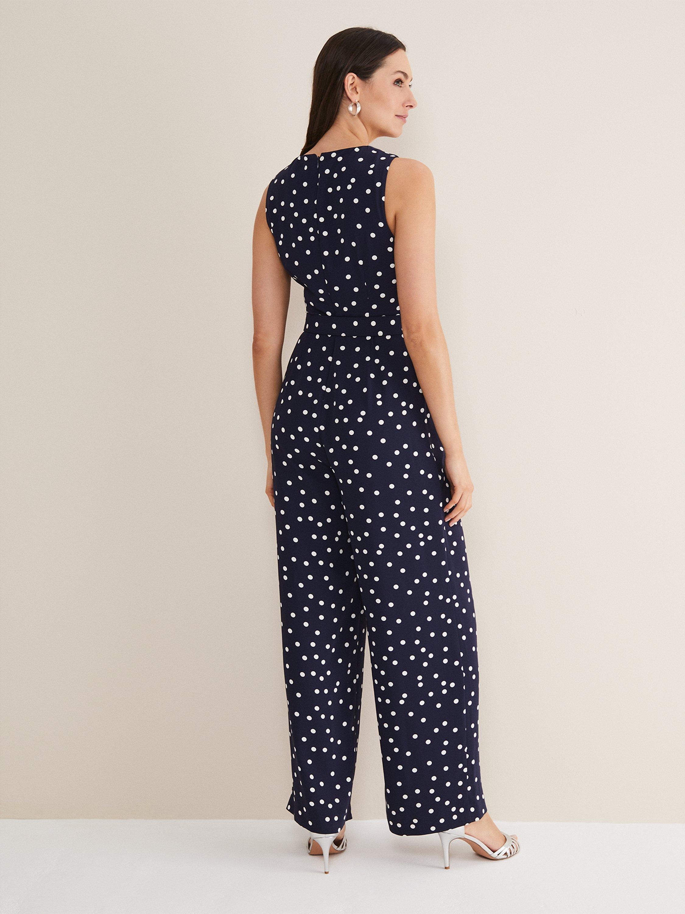 Phase Eight Kenzie Spot Jumpsuit, Navy/Ivory, 26