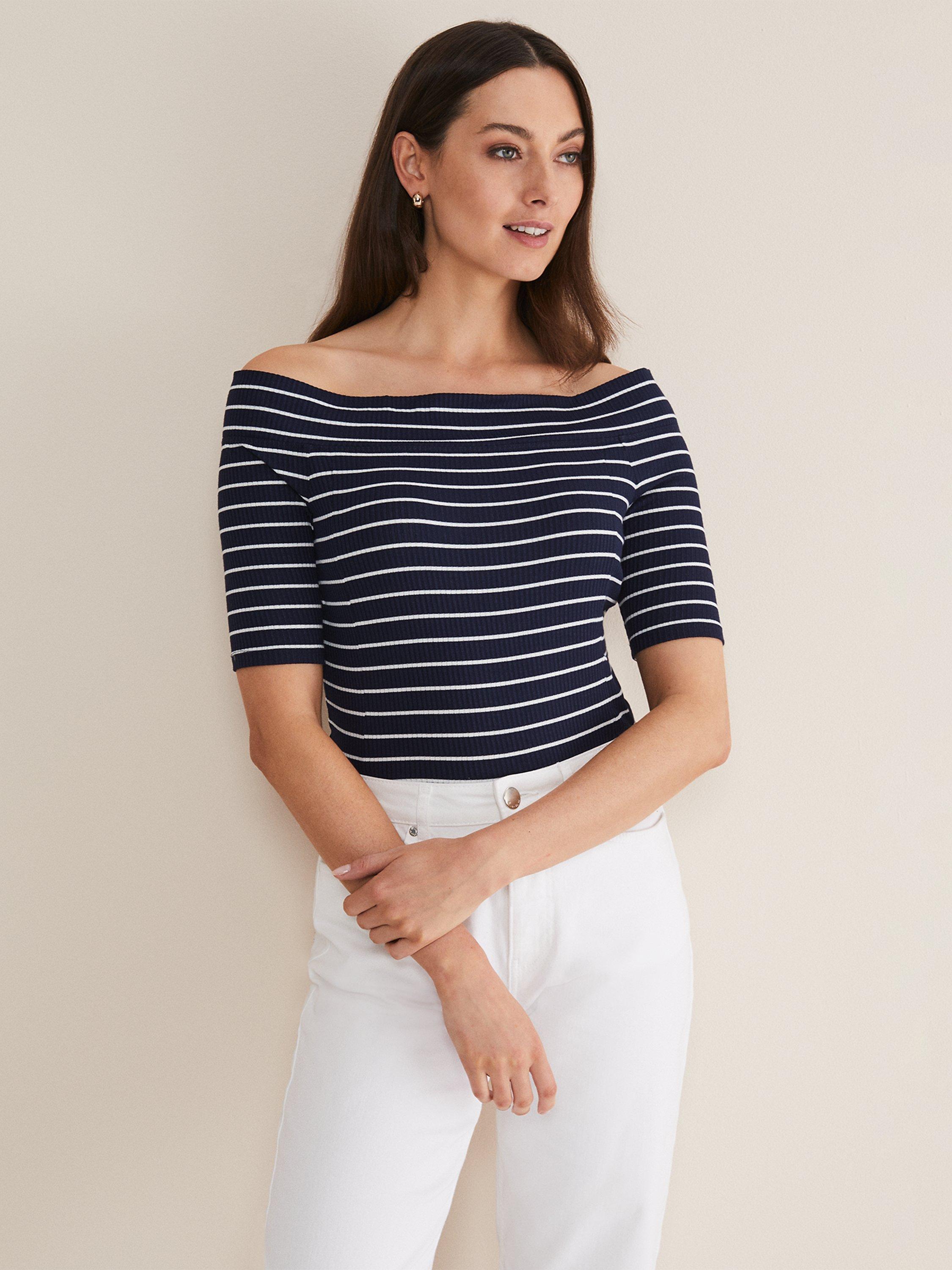 Phase Eight Taylah Striped Bardot Top, Navy/Ivory