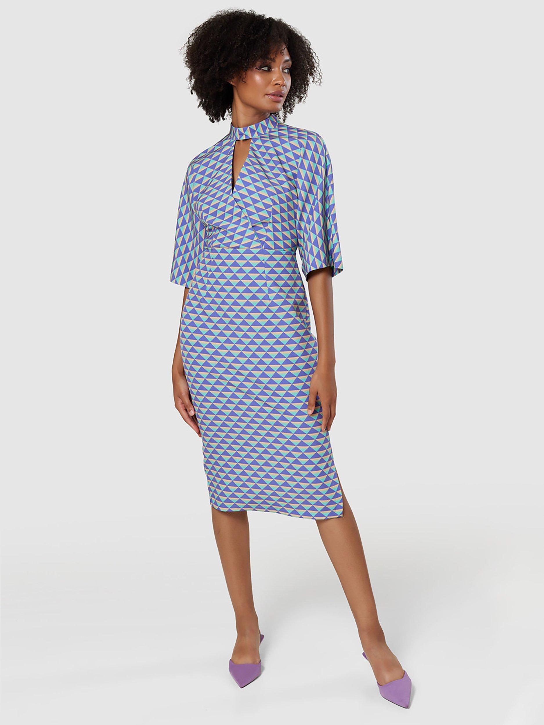 Product image 2 of 4, which shows Closet London Geometric Print Pencil Midi Dress, Purple, 10