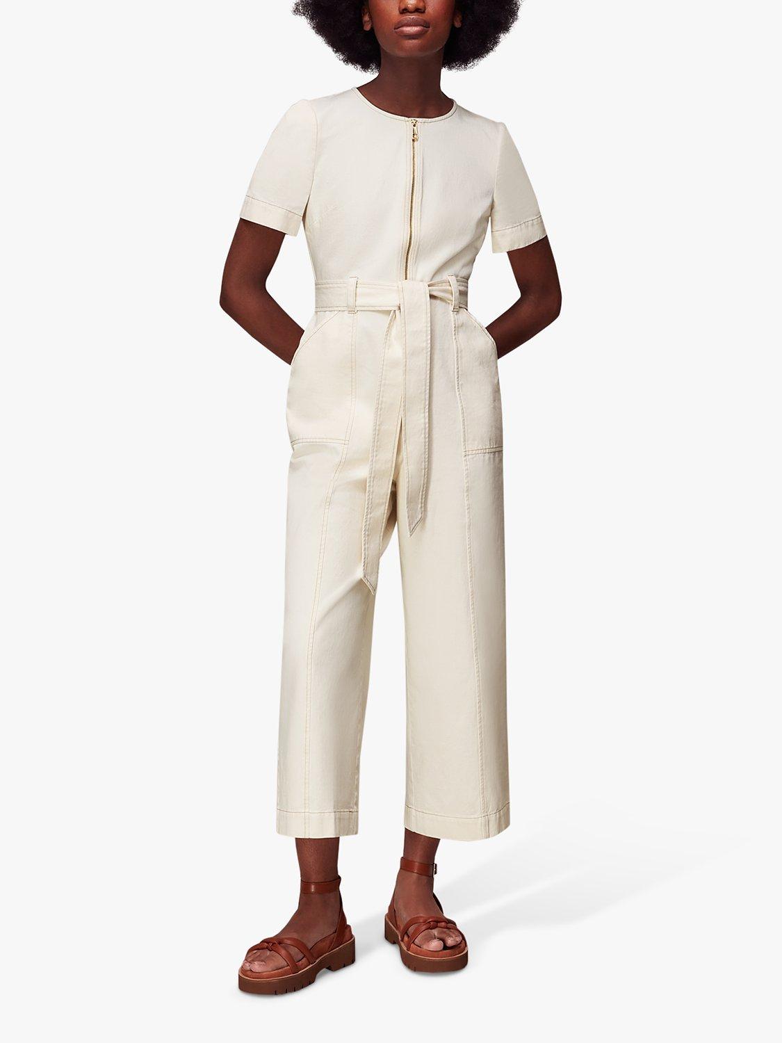 Product image 1 of 6, which shows Whistles Short Sleeve Denim Jumpsuit, Ivory, 8