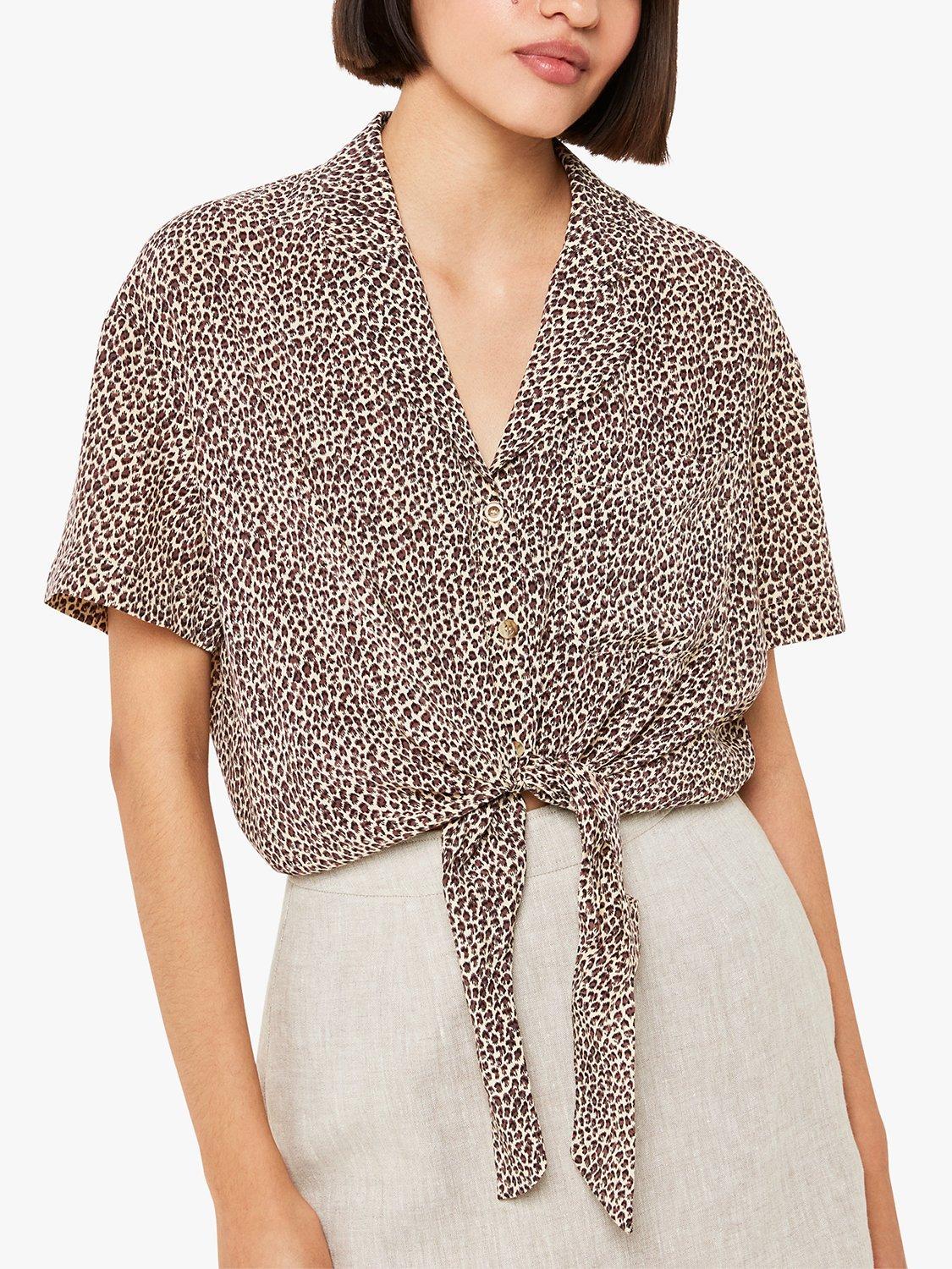 Whistles Dashed Leopard Print Tie Front Top, Brown/Multi