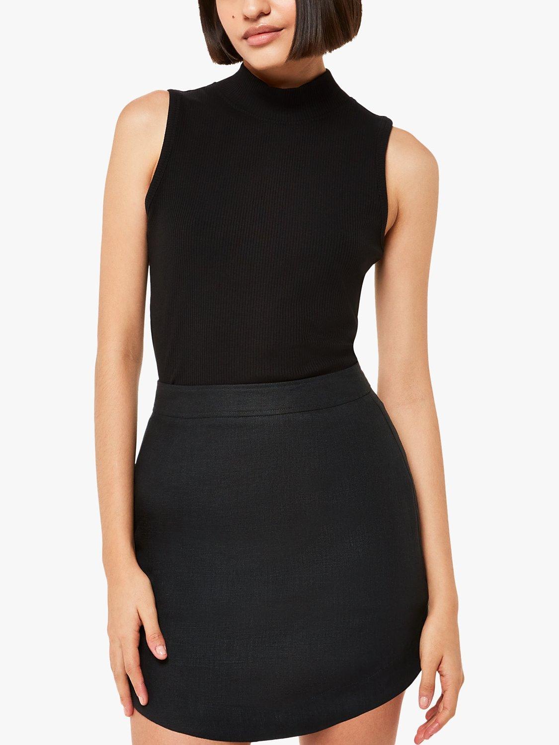 Whistles Curved Hem Linen Skirt, Black