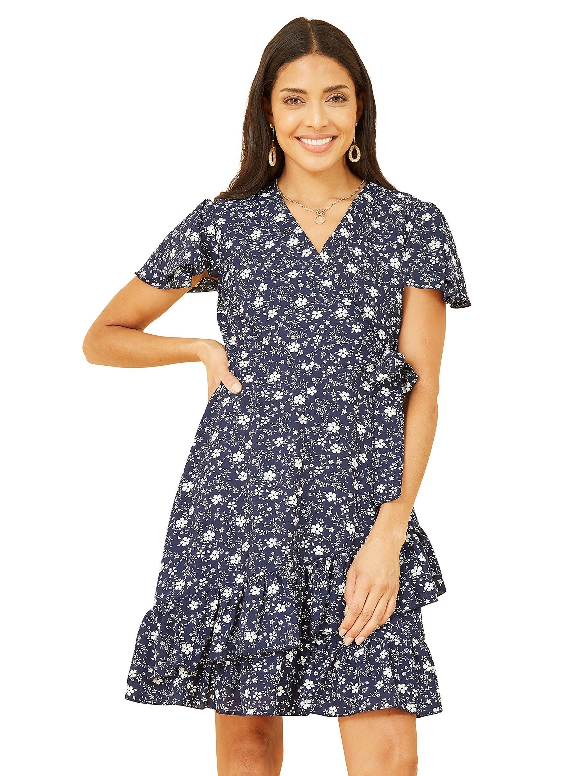 Mela London Ditsy Print Frill Wrap Dress, Navy, 16