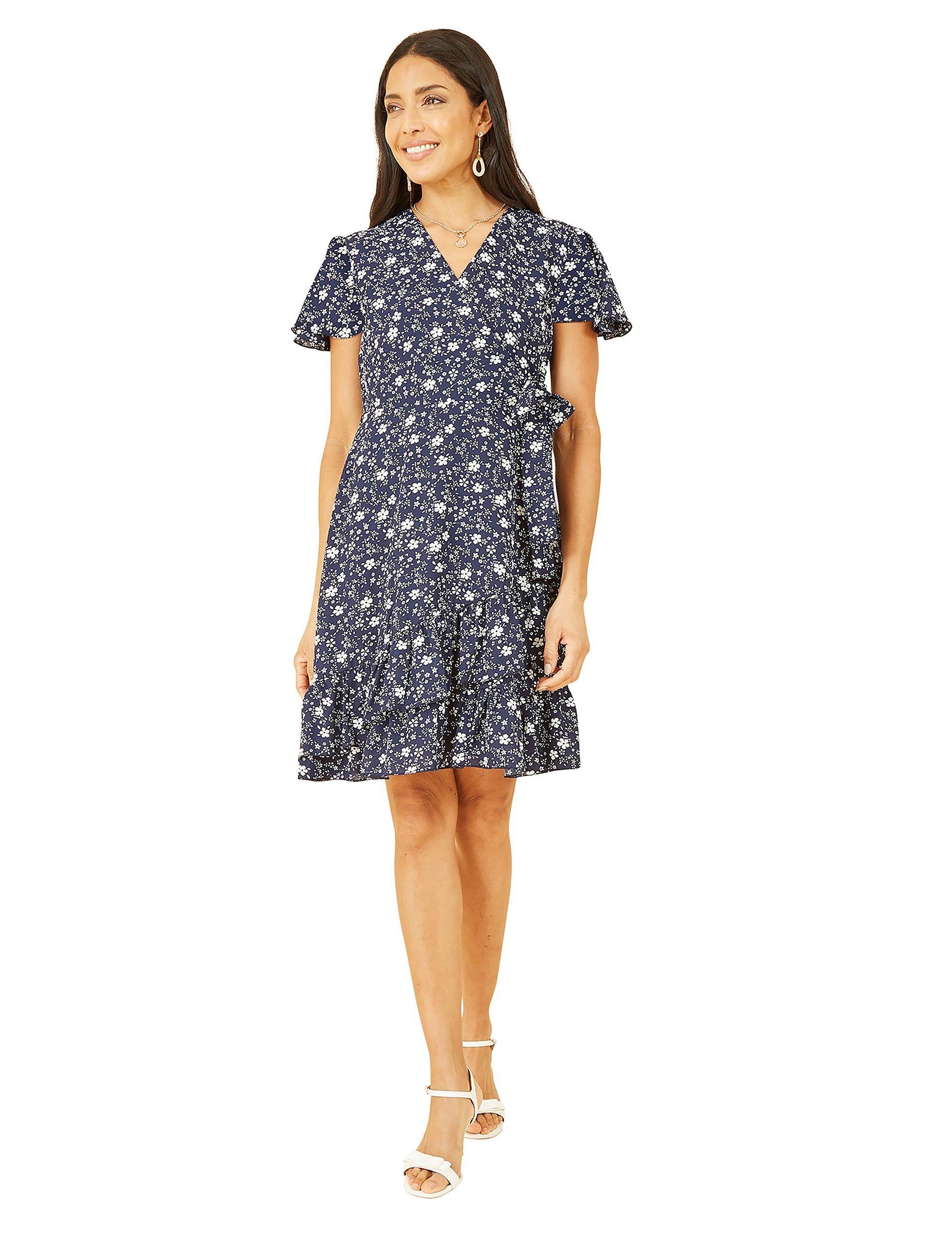 Mela London Ditsy Print Frill Wrap Dress, Navy, 16