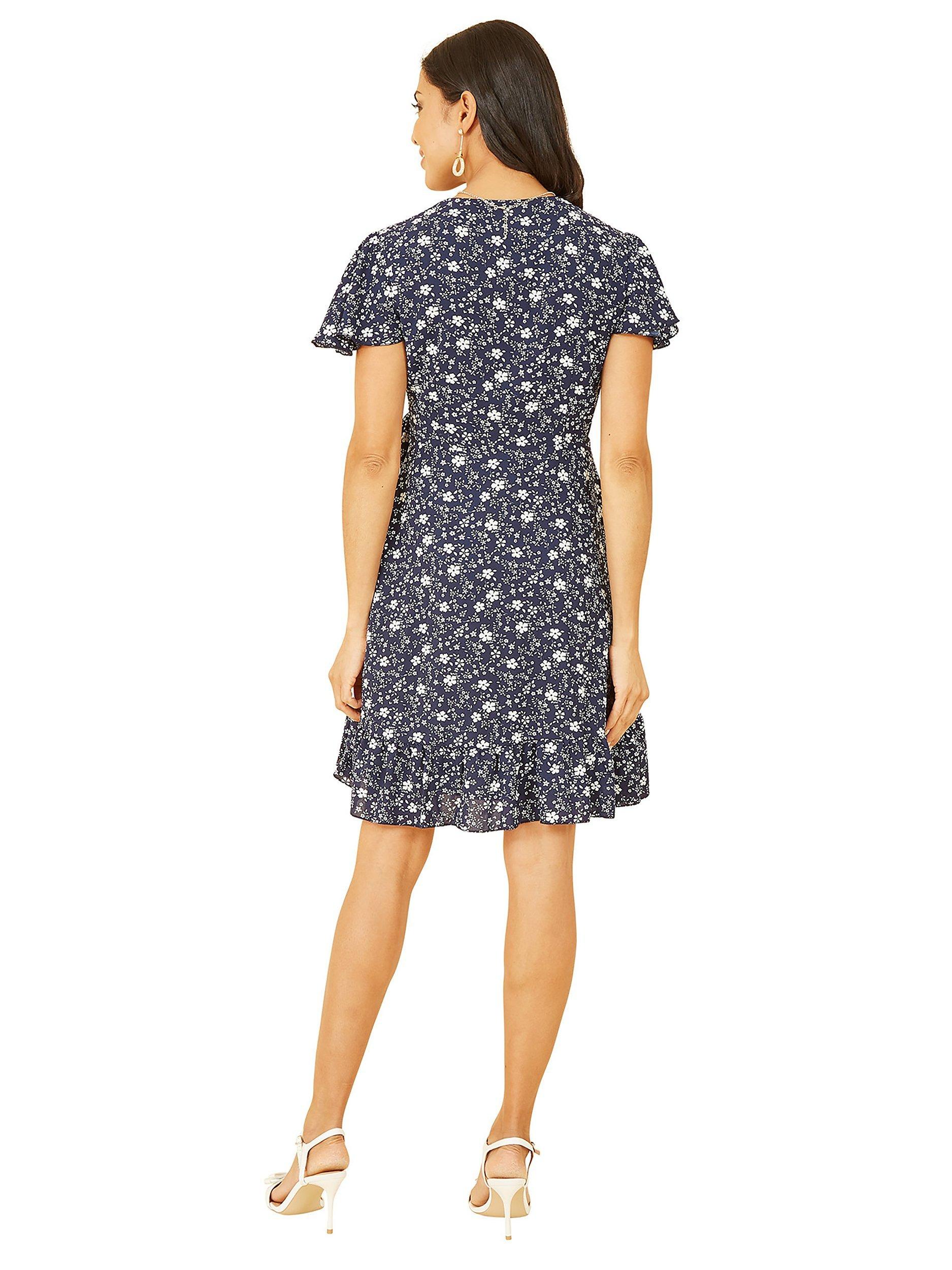 Mela London Ditsy Print Frill Wrap Dress, Navy, 16