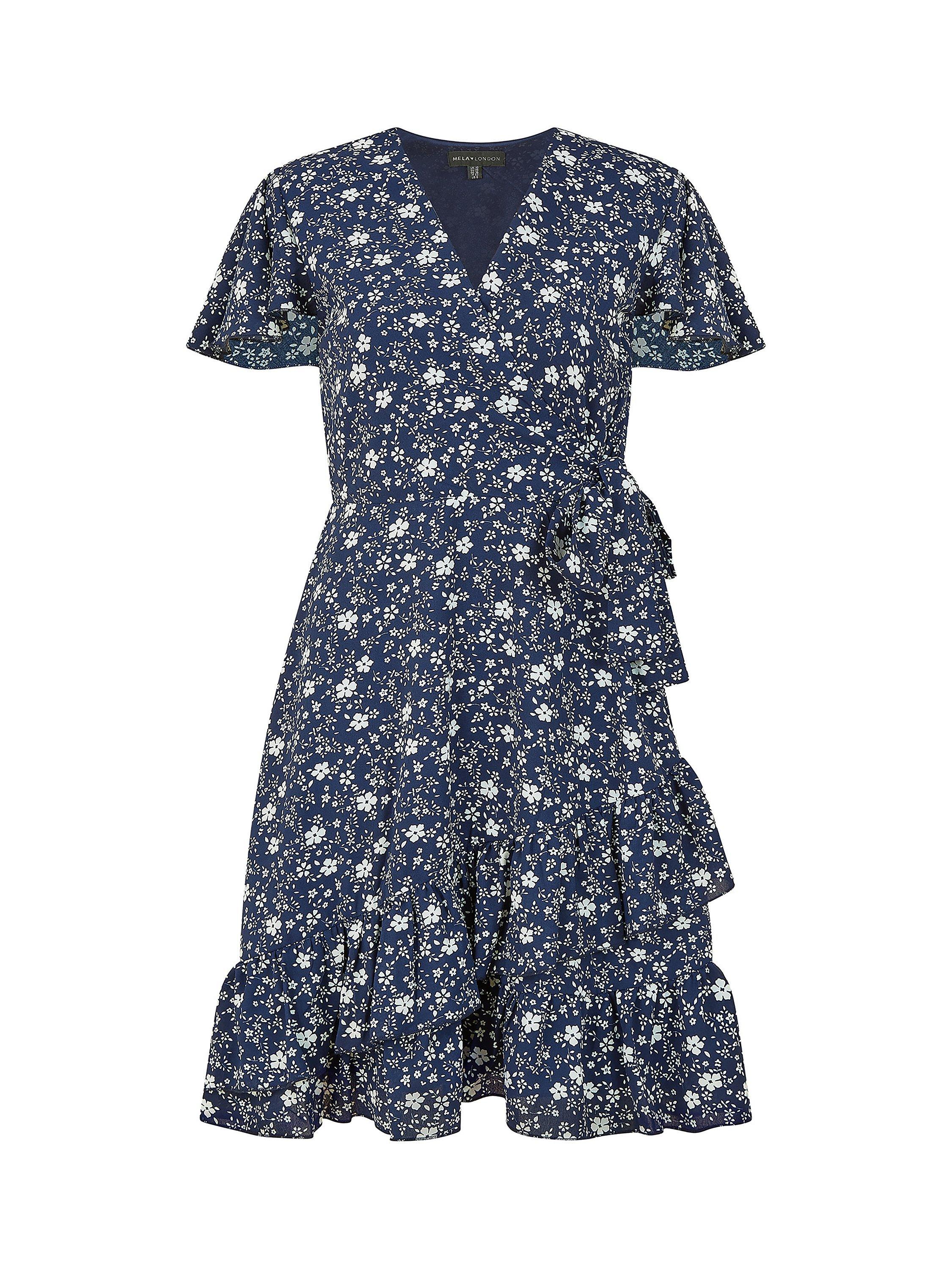 Mela London Ditsy Print Frill Wrap Dress, Navy, 16