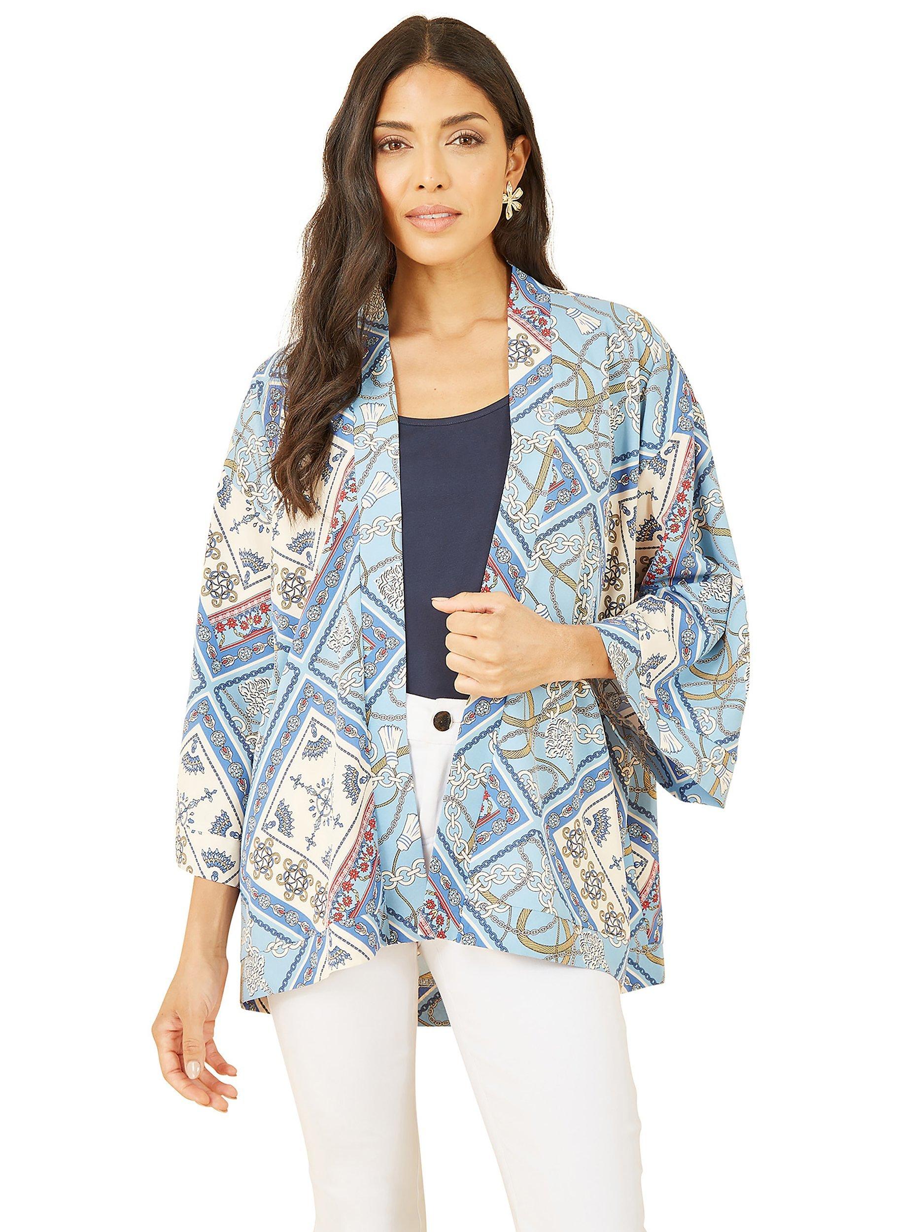Product image 1 of 5, which shows Yumi Mela London Satin Chain & Tile Print Kimono, Blue, 8